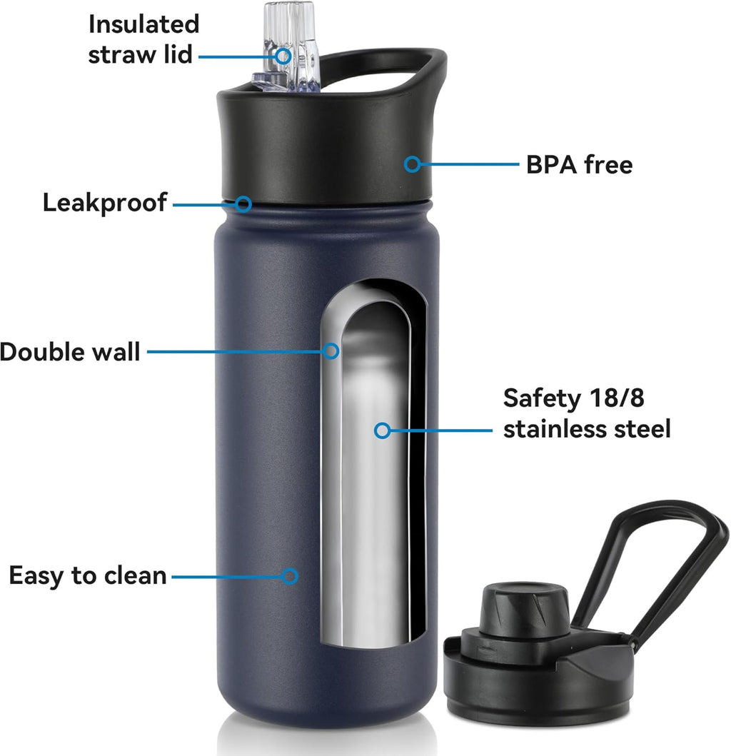 16 oz Insulated Water Bottle with Straw Lids, Stainless Steel Kids Water Bottles for School, Double Wall Vacuum Metal Water Bottle with Straw & Wide Mouth Lid, Navy 1 Pack