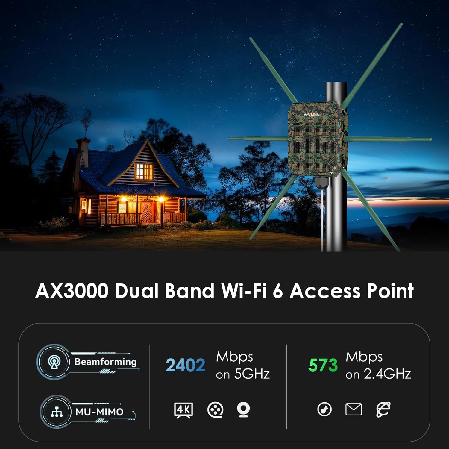 WAVLINK AX3000 Outdoor WiFi Access Point with PoE, 2025 New Model Long Range Outdoor Wireless Repeater, Dual Band 2.4G+5G, 6x7dBi High-gain Antennas, IP67 Weatherproof, Work with Starlink, Greenwood