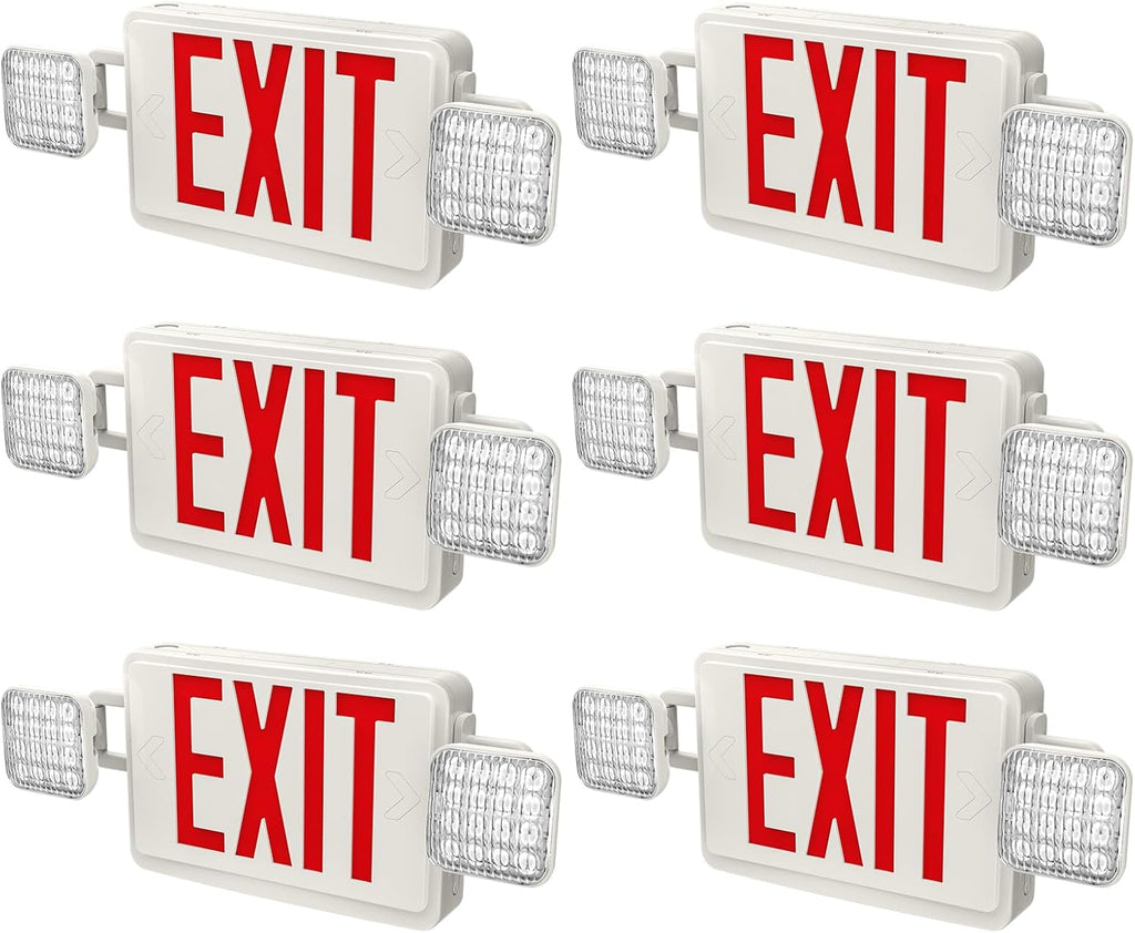 6 Packs Red Exit Sign with Emergency Lights, LED Emergency Exit Light with Battery Backup, UL Listed, AC 120/277V, Commercial Emergency Lights Combo for Business/Home.