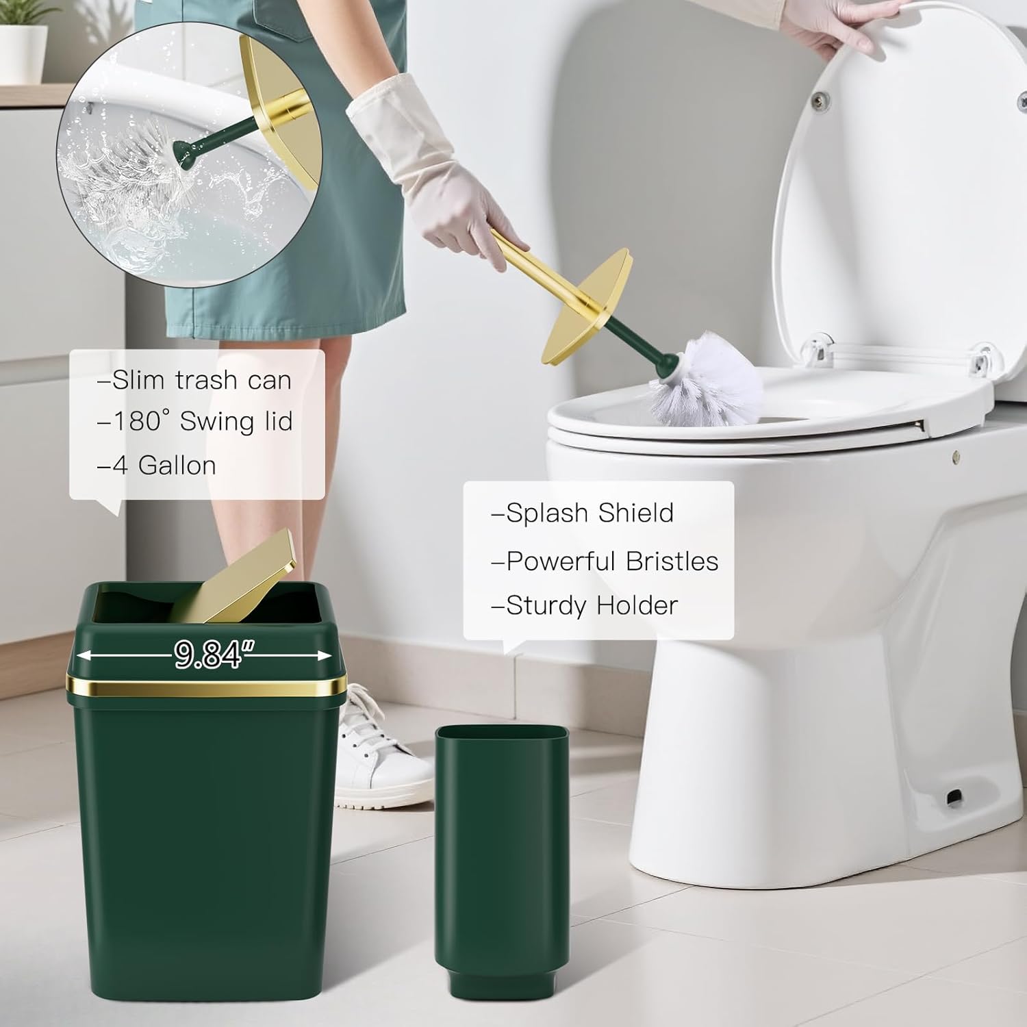 25PCS Bathroom Accessory Set, Dark Green Bathroom Set with Large-Capacity 4 Gallon Trash Can,Bathroom Rugs Set, Waterproof Shower Curtain, Toilet Brush, Toothbrush Holder & Soap Dispenser