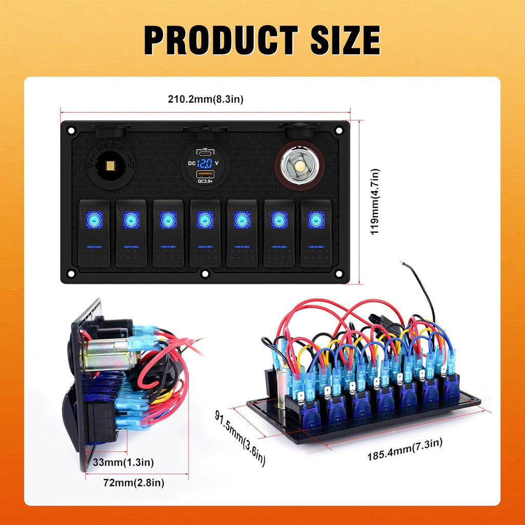 Marine Boat Rocker Switch Panel,Waterproof 7 Gang Toggle Switch Panel with Dual USB and Voltmeter Panel for RVs, Cars, Boats, Trucks,Trailers - 12-24V