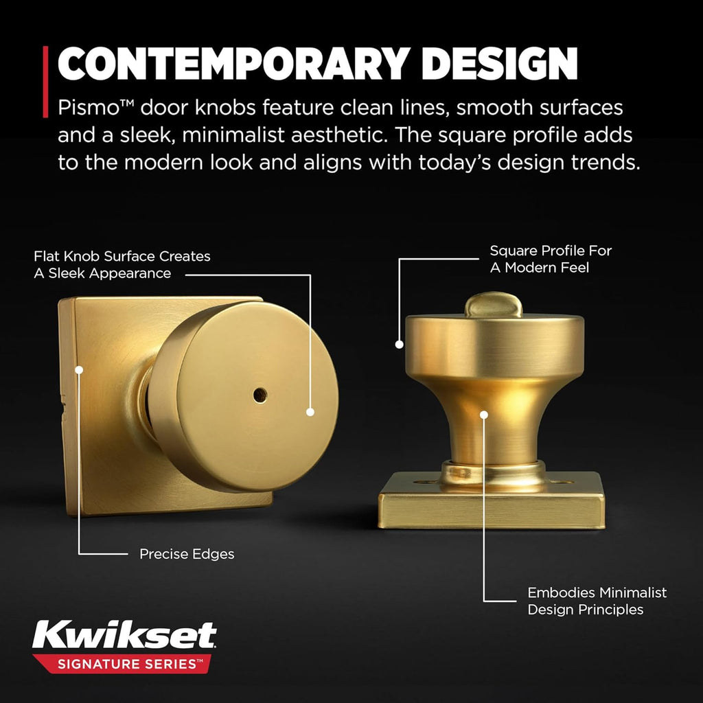 Kwikset Pismo Interior Privacy Door Knob with Lock, Door Handle for Bathroom and Bedroom, Satin Brass, Square, Keyless Turn Lock Doorknob, Microban Protection