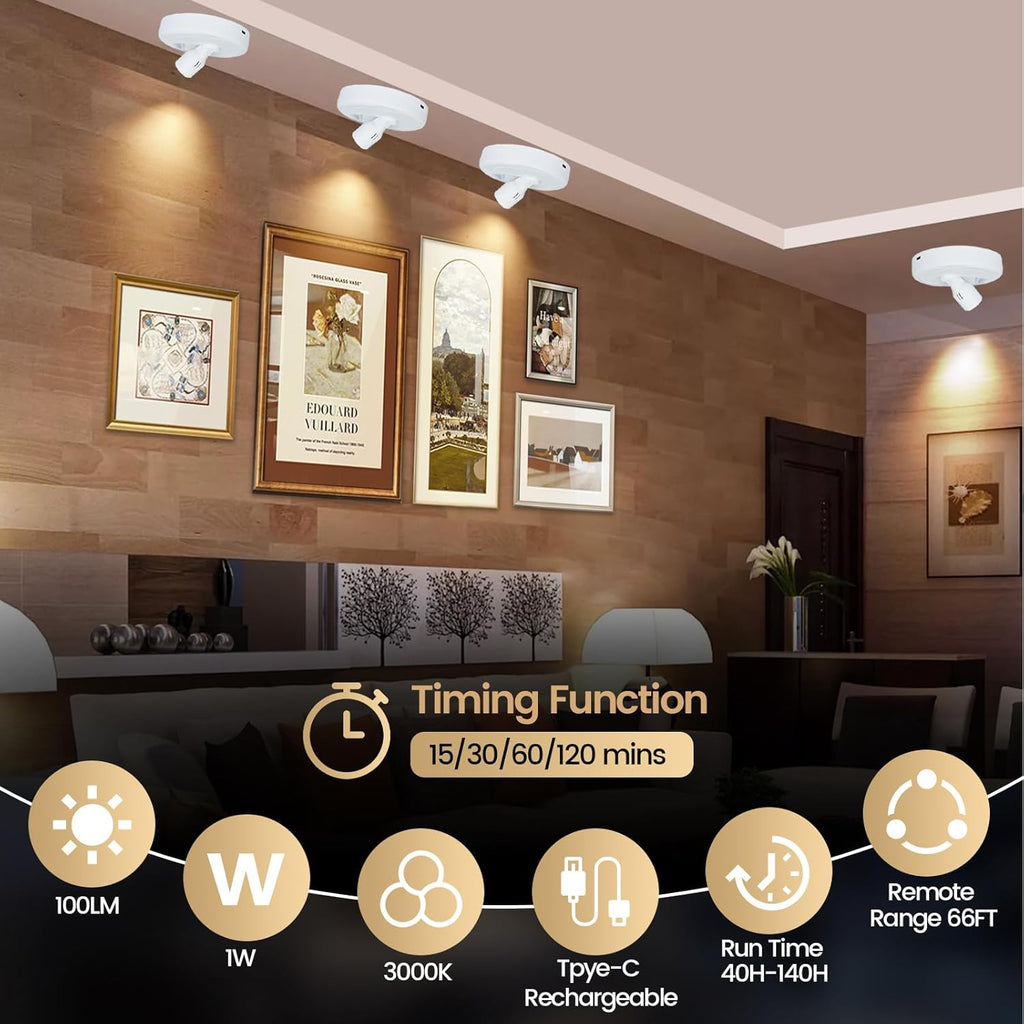 LED Spotlight, Rechargeable Battery Picture Lights, Uplighting Indoor, Spot Light with Remote, Plant Tree & Wall Art Display Dartboard Closet Spotlight-White
