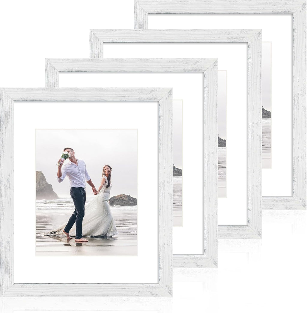 iRahmen 11x14 Picture Frame Set of 4 with Tempered Glass, Distressed White Frame Display 8x10 Picture with Mat or 11 x 14 Without Mat, Wood Rustic Photo Frames for Horizontal or Vertical Wall Mounting