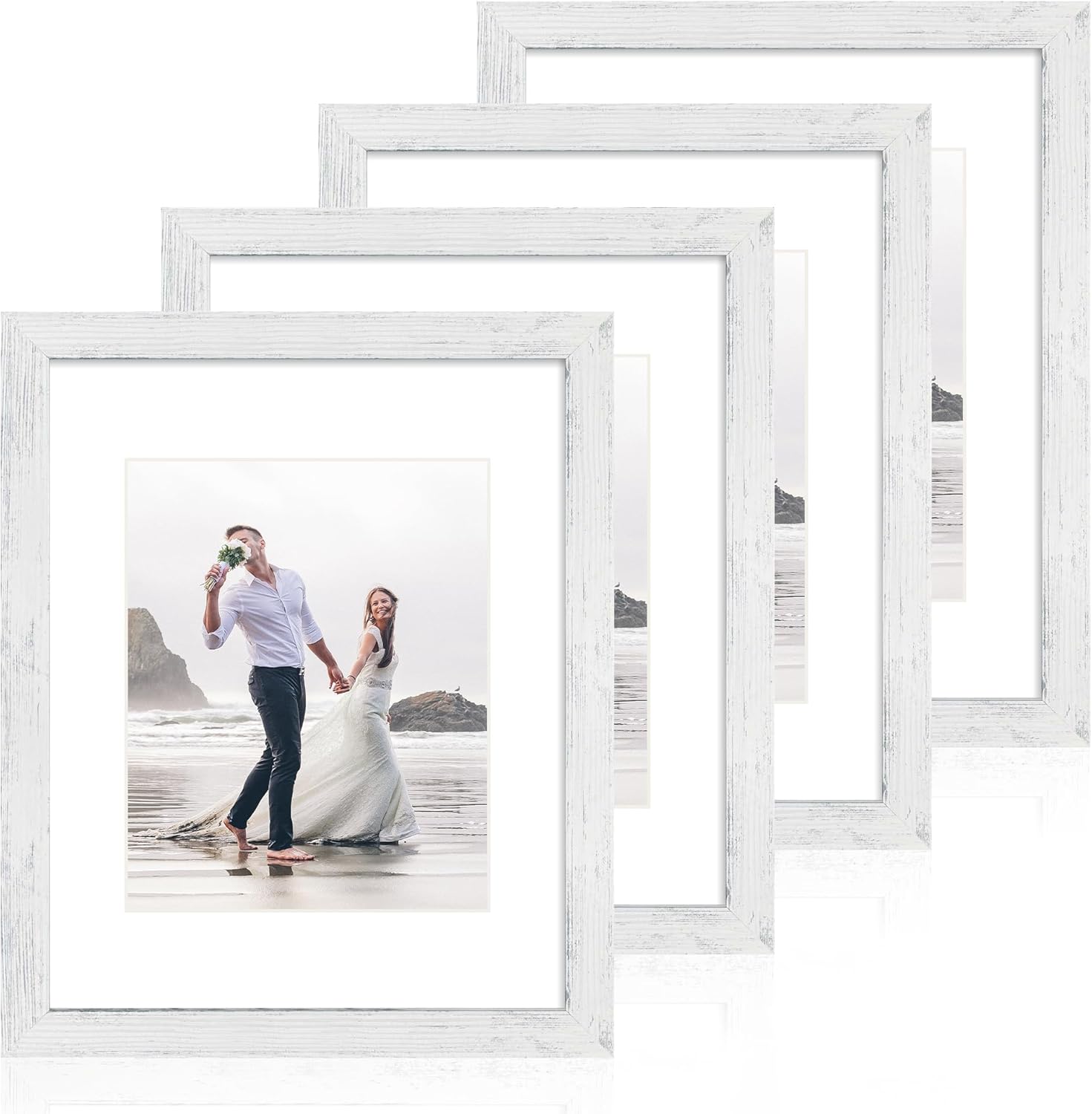 iRahmen 11x14 Picture Frame Set of 4 with Tempered Glass, Distressed White Frame Display 8x10 Picture with Mat or 11 x 14 Without Mat, Wood Rustic Photo Frames for Horizontal or Vertical Wall Mounting