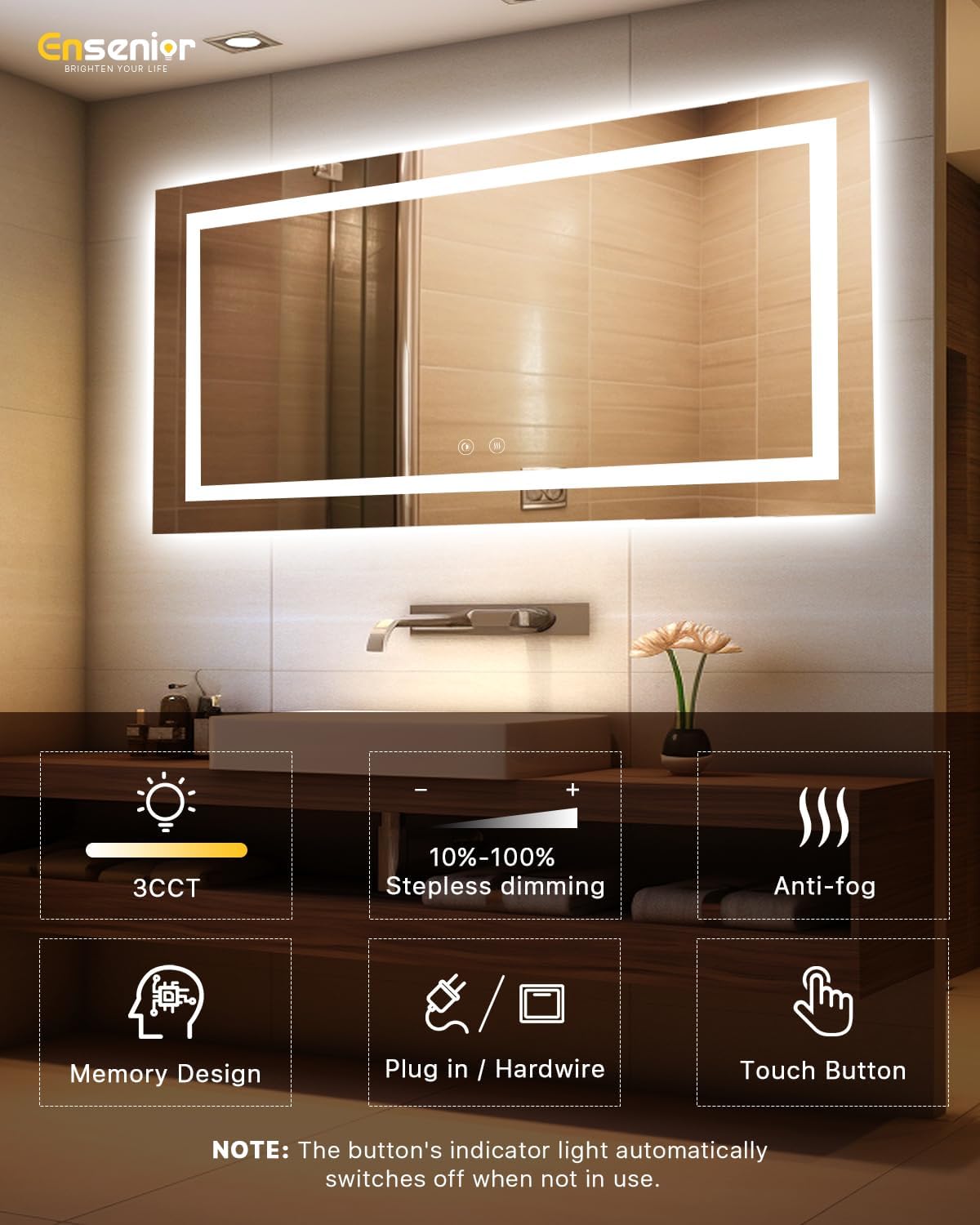 Ensenior LED Bathroom Mirror 72"x36" with Front and Backlight, Stepless Dimmable Wall Mirrors with Anti-Fog, Shatter-Proof, Memory, 3 Colors, Modern LED Vanity Mirror-ETL & FCC