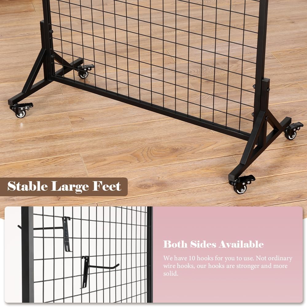 Kokorona 2-Pack 2.9' x 6' Grid Wall Panel Display Stand with 10 Grid Hooks, Wire Grid Wall Display Rack with Rubber Wheels, Floorstanding Art Display Panels for Art Craft Show, Retail Display Stand