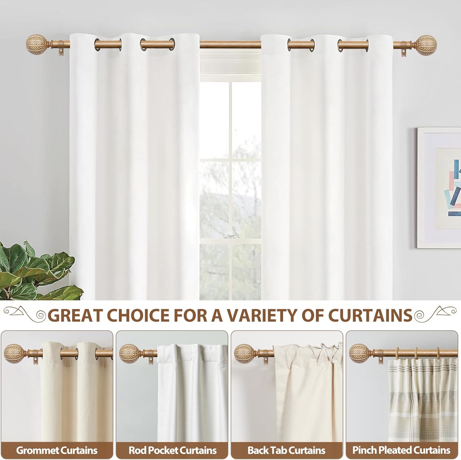 KAMANINA Wood Curtain Rods for Windows 32 to 58 Inch(2.6-4.8ft), 1 Inch Adjustable Drapery Rod, Decorative Heavy Duty Curtain Rods with Leaf Pattern Finials, Wood Grain