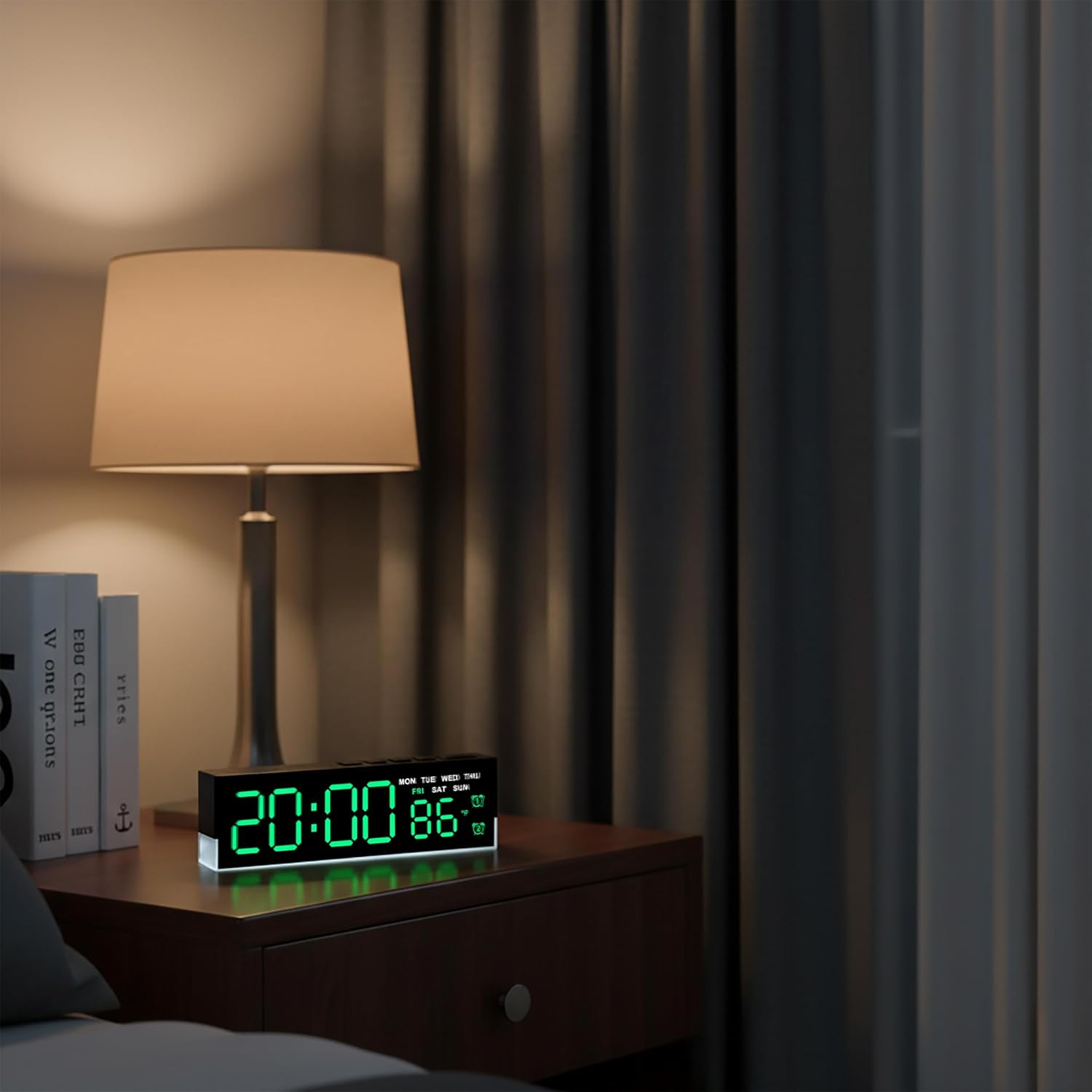 zyzamay 7-Inch Modern LED Digital Alarm Clock with Dual Alarms & Soft Bottom Light｜Displays Time, Date, Day, Temperature ｜3-Level Auto/Manual Brightness, DST, USB or Battery Powered Desk Clock,Green