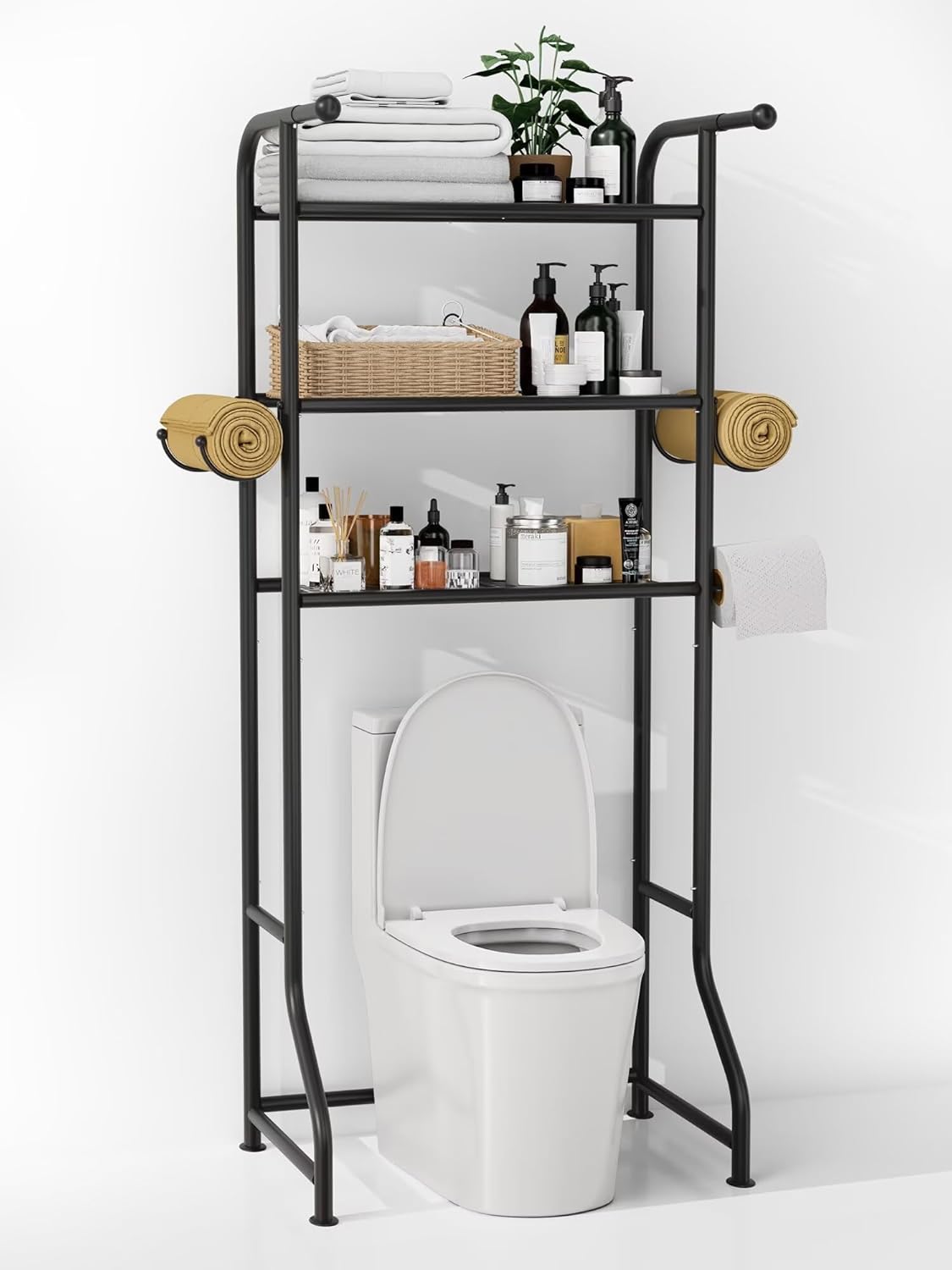 3-Tier Over The Toilet Storage Shelf，Bathroom Organizers and Storage Over Toilet，Metal Bathroom Space Saver with 2 Bars，1 Paper Holder and 4 Hooks,Black