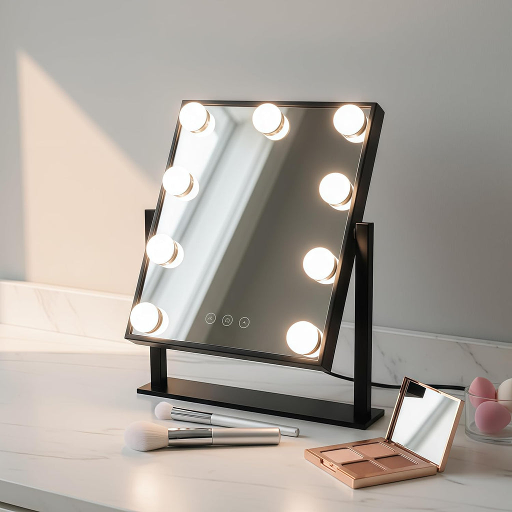 Lighted Vanity Mirror with 9 LED Lights, Detachable 10x Magnifying Mirror, 3-Color dimmable Hollywood Makeup Mirror, Smart Touch Control, Metal Frame, 360-degree Rotation, White/Black (Black)