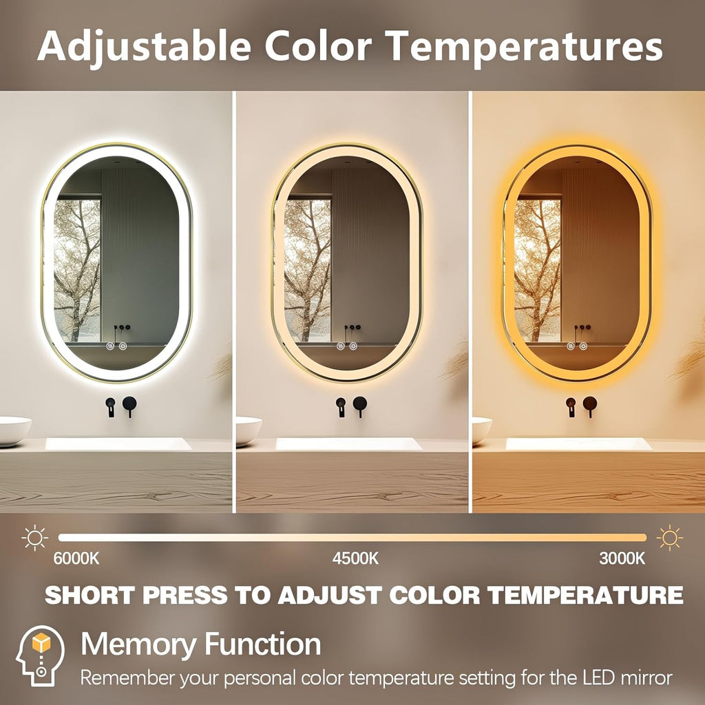 Niccy Oval LED Mirror for Bathroom, 32x20 Front Lit + Backlit Vanity Mirrors with Light Anti-Fog, Shatter-Proof, 3 Colors, Makeup Mirror with Old Gold Frame (Horizontal/Vertical)