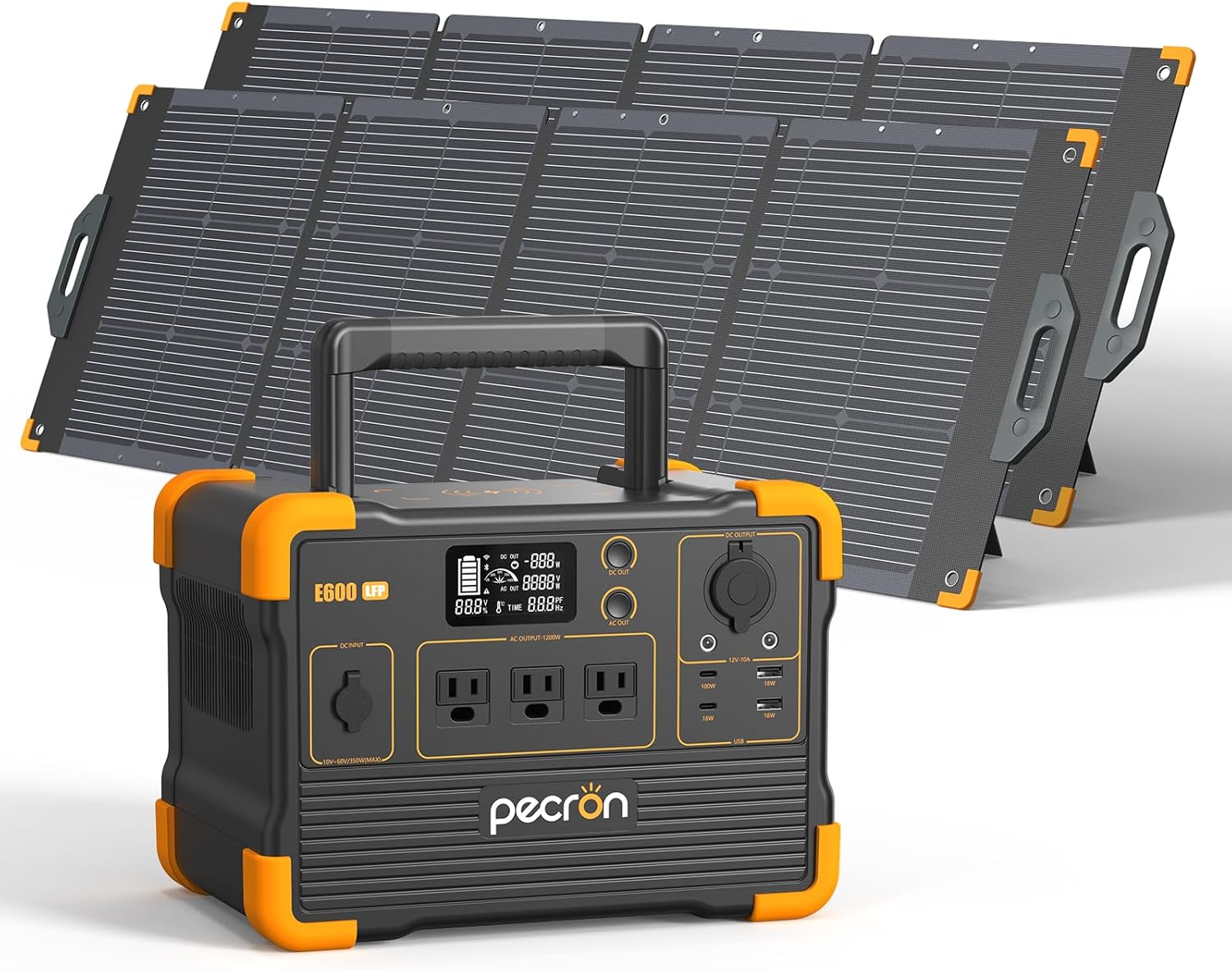 Pecron E600LFP Portable Solar Generator with 2x200W Solar Panel, 614Wh LiFePO4 Battery Backup, Power Station for Camping, Emergency, RV, Off-Grid Living