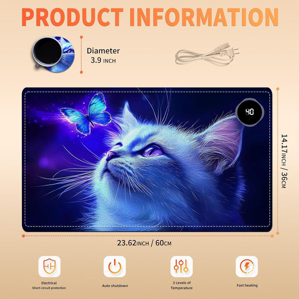 Heated Mouse Pad, Warm Desk Pad, Keyboard Mat 23.6 x 14 Inch Large Size Intelligent Fast Heating, 3 Speed Adjustable, Timed Auto Power Off for Game Office Home, Blue Cat Butterfly