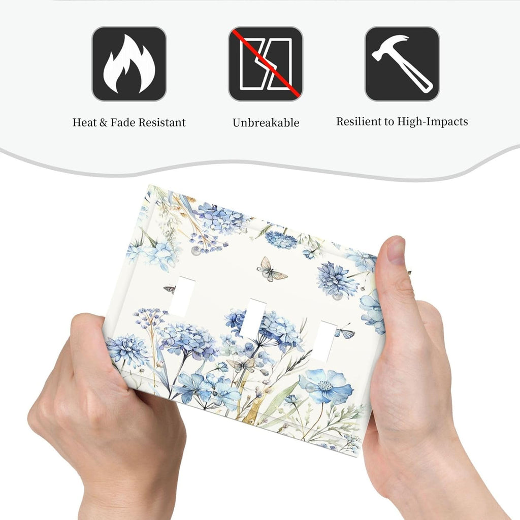 Decorative Switch Plates Blue Floral Hydrangea Plants 3 Gang Wall Plate Faceplate Triple Toggle Light Switch Cover Electrical Wall Panels for Bedroom Home Decor