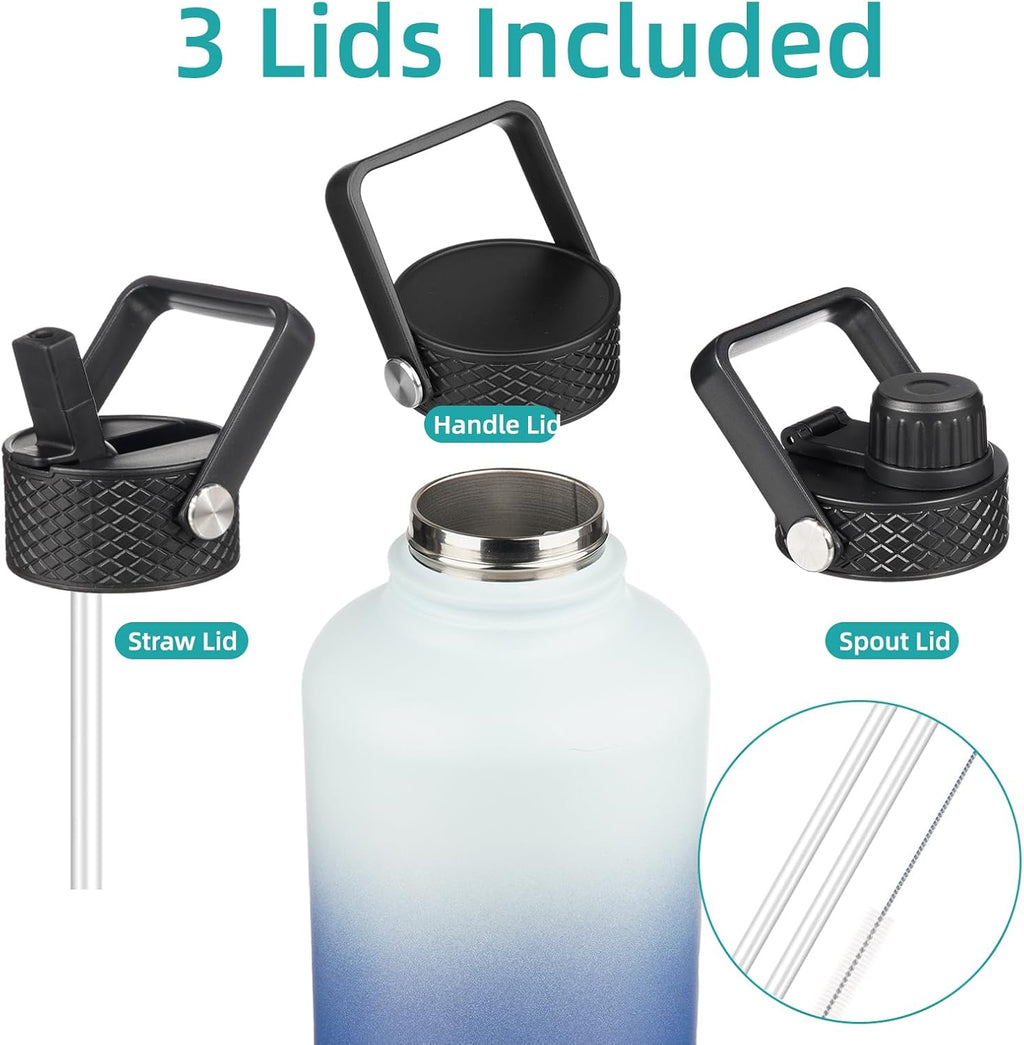 Insulated Water Bottle with Straw,87 oz 3 Lids Water Jug with Carrying Bag,Paracord Handle,Double Wall Vacuum Stainless Steel Metal Flask,Sky