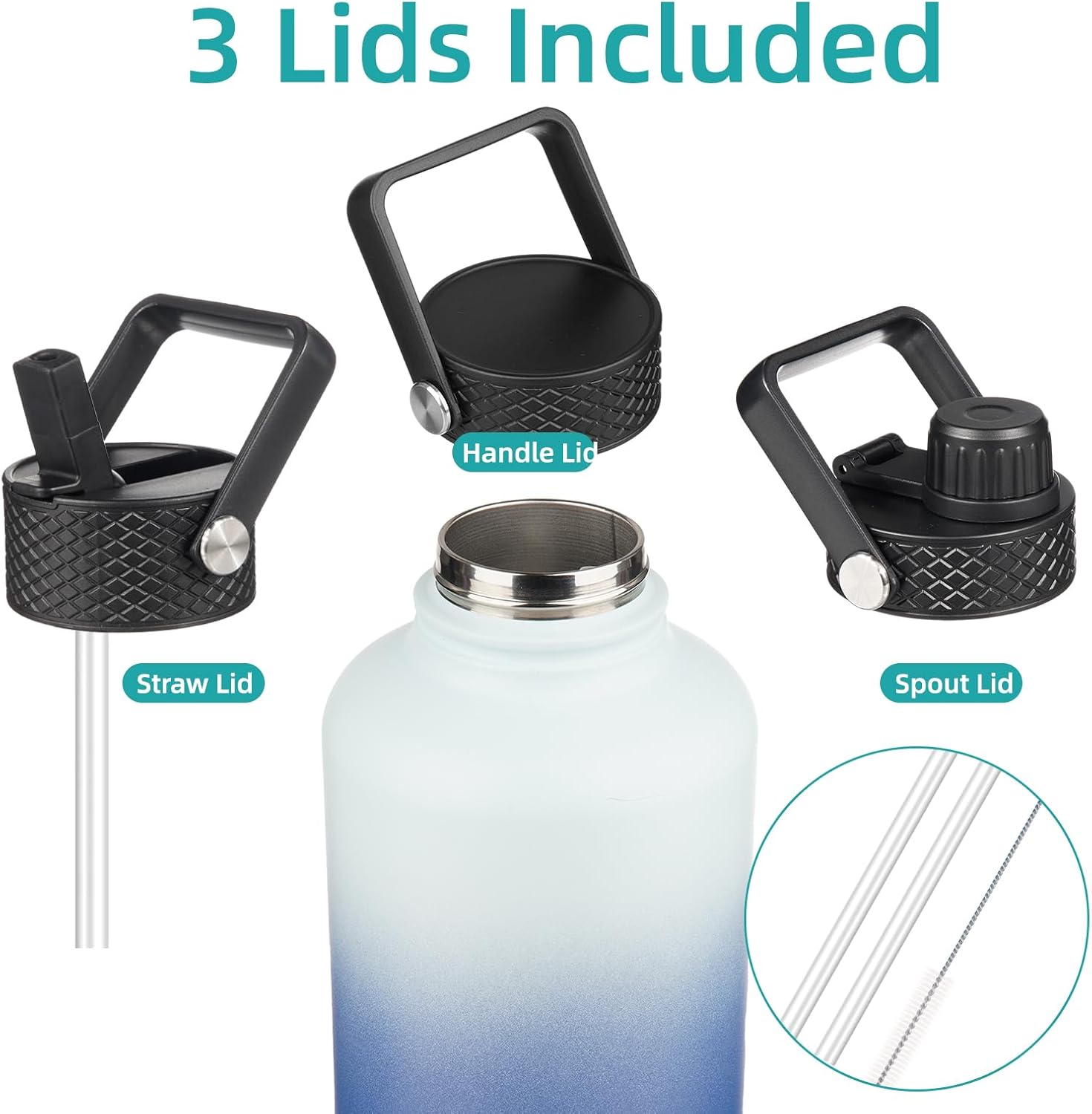 Insulated Water Bottle with Straw,87 oz 3 Lids Water Jug with Carrying Bag,Paracord Handle,Double Wall Vacuum Stainless Steel Metal Flask,Sky