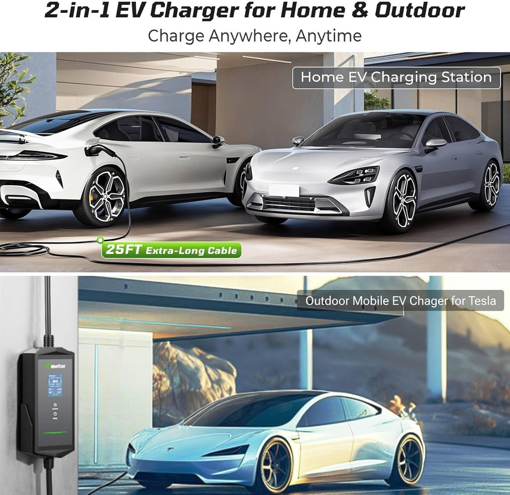 Tesla Charger 40Amp 9.6KW, Portable Level 2 EV Charger Adjustable Current with 2.4" LCD 25FT Cable, 110V-240V, NEMA 14-50 & 5-15 Plug, Compatible with Tesla Models 3/Y/S/X and J1772 Electric Cars