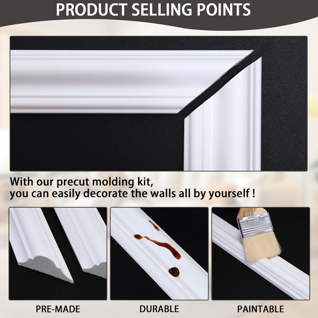 6-Frame Premade Accent Wall Molding Kit, Ready-to-Assemble Wainscoting Panels, Pre-Cut Chair Rail Moulding Trim for Home Décor