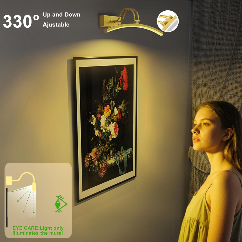 PAIHOME Picture Light for Wall Battery Operated, Rechargeable Picture Light with Smart Motion Sensor, Remote Dimmable & Timer, ‌16in Gold Wireless Art Lighting for Paintings Canvas Gallery Portraits