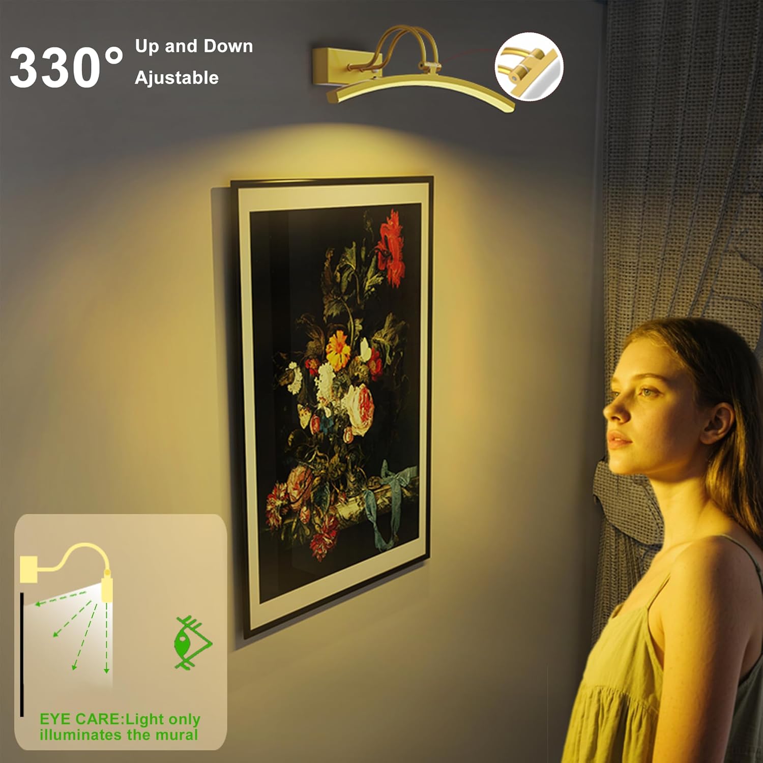 PAIHOME Picture Light for Wall Battery Operated, Rechargeable Picture Light with Smart Motion Sensor, Remote Dimmable & Timer, ‌16in Gold Wireless Art Lighting for Paintings Canvas Gallery Portraits