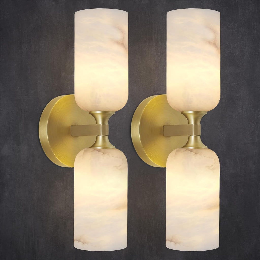 Alabaster Wall Sconces Set of 2, 14in Modern Spanish Natural Marble Vanity Light, Dimmable Hardwired Brass Gold Wall Sconce Lighting for Bathroom Mirror, Bedroom, Luxury Natural Stone Wall Fixtures