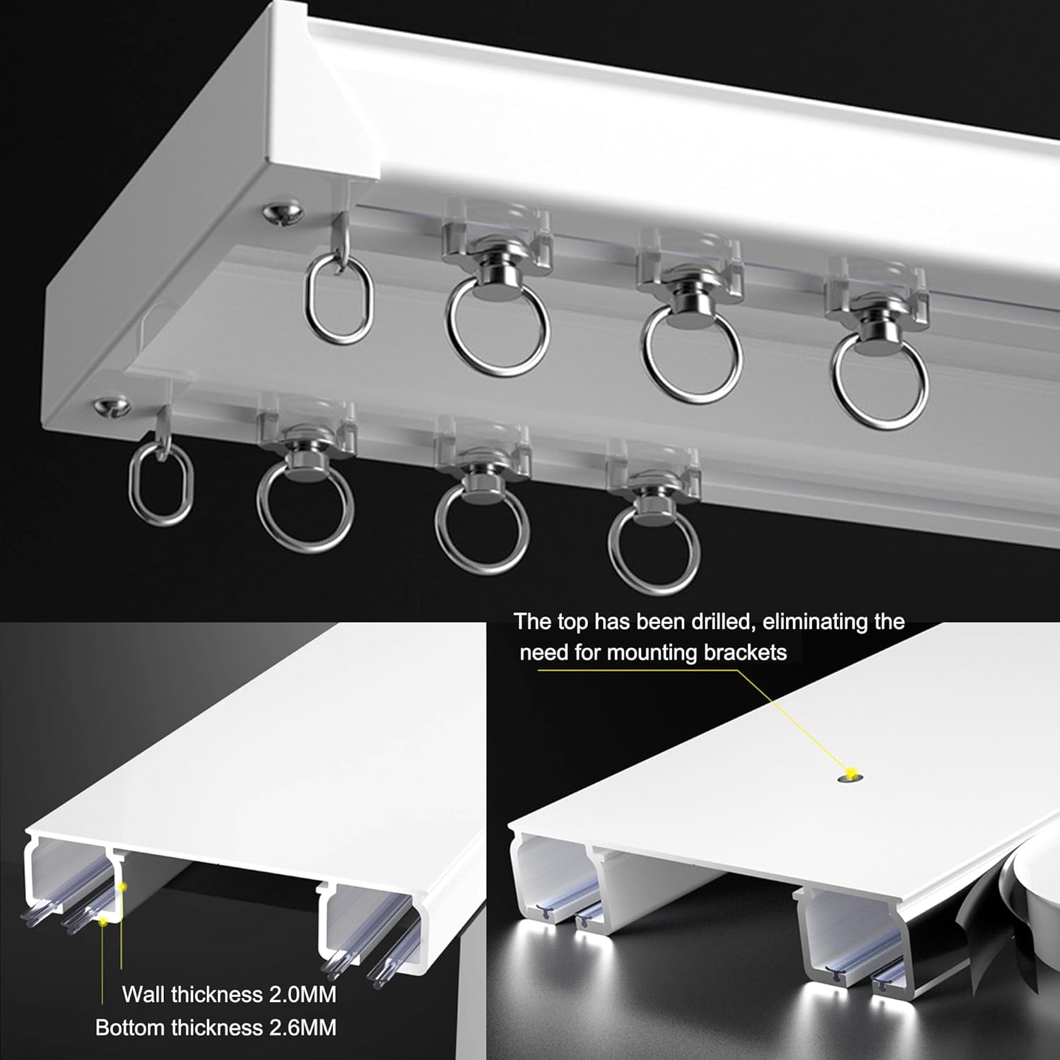 Ceiling Mounted Curtain Track System - Double Rails for Curtains & Drapes - Room Dividers - Sliding Curtain Rail for Window (white, 3m)