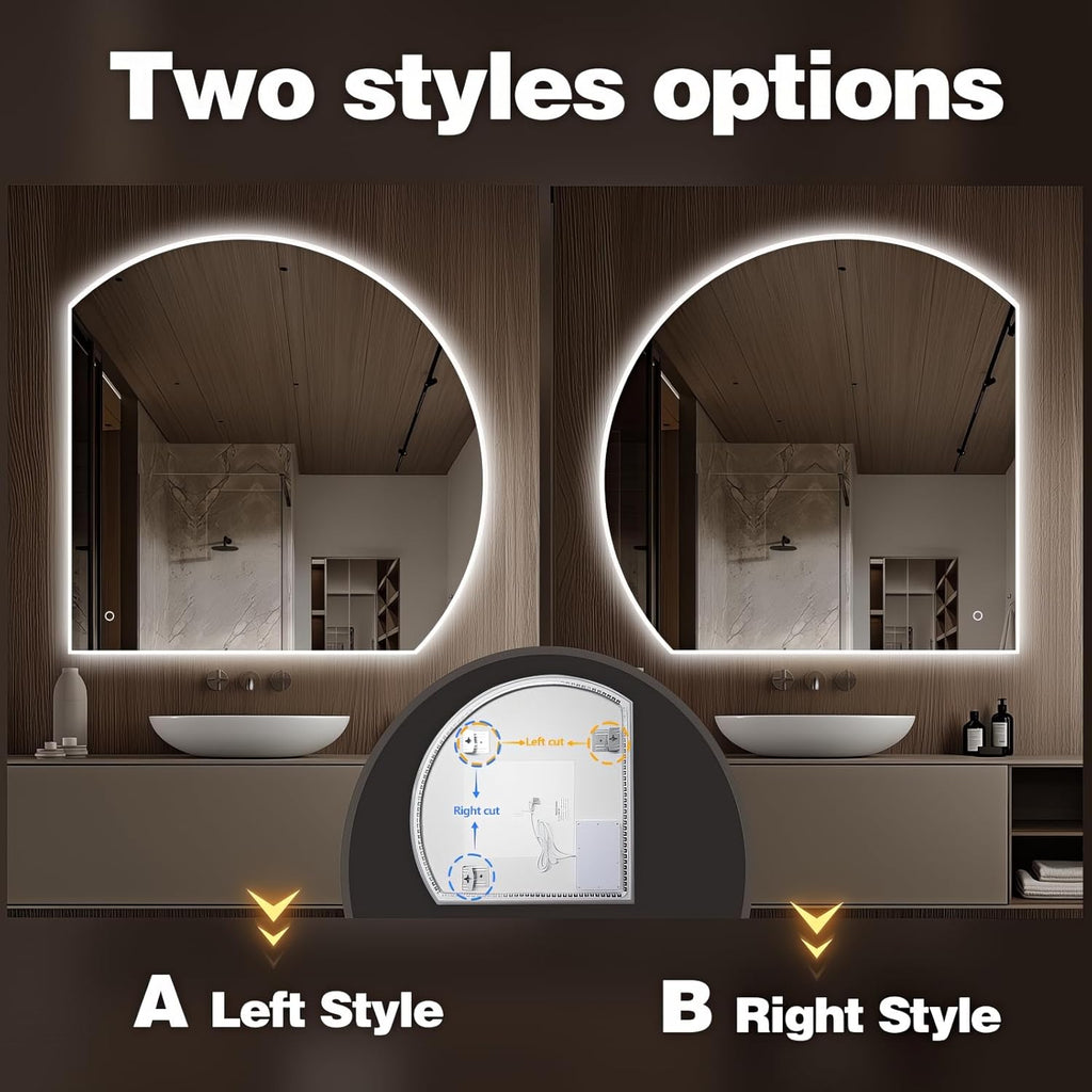 Niccy Half Moon LED Mirror for Bathroom, 28" Backlit + Front Lit Lighted Semi Round Makeup Mirrors for Wall, Anti-Fog, Dimmable 3-Colors, Memory Function, Shatterproof Smart Vanity Mirror