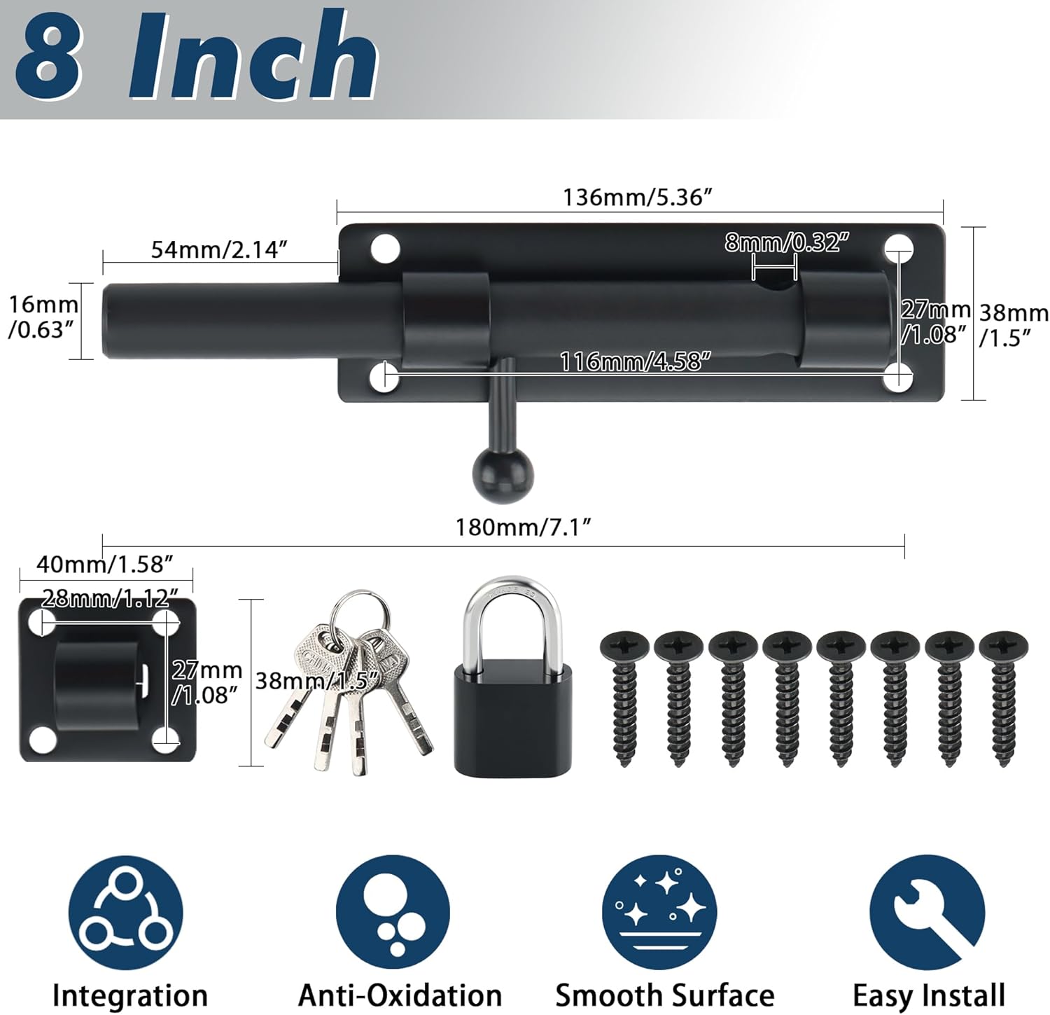 Alise 8inch Barrel Bolt Latch, Slide Bolt Latch, Heavy Duty Solid SUS304 Stainless Steel Slide Lock for Wooden Fence,Barn Door,Interior or Outdoor Door.Matte Black