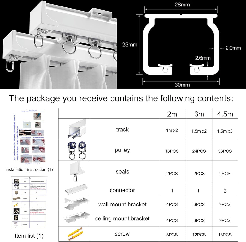 Ceiling Curtain Track Ceiling Mounted Curtain Rail for Curtains, Drapes, and Room Dividers Ceiling or Wall Mount Curtain Track Room Divider-Sliding Curtain Rail for Living room (white, 3m)