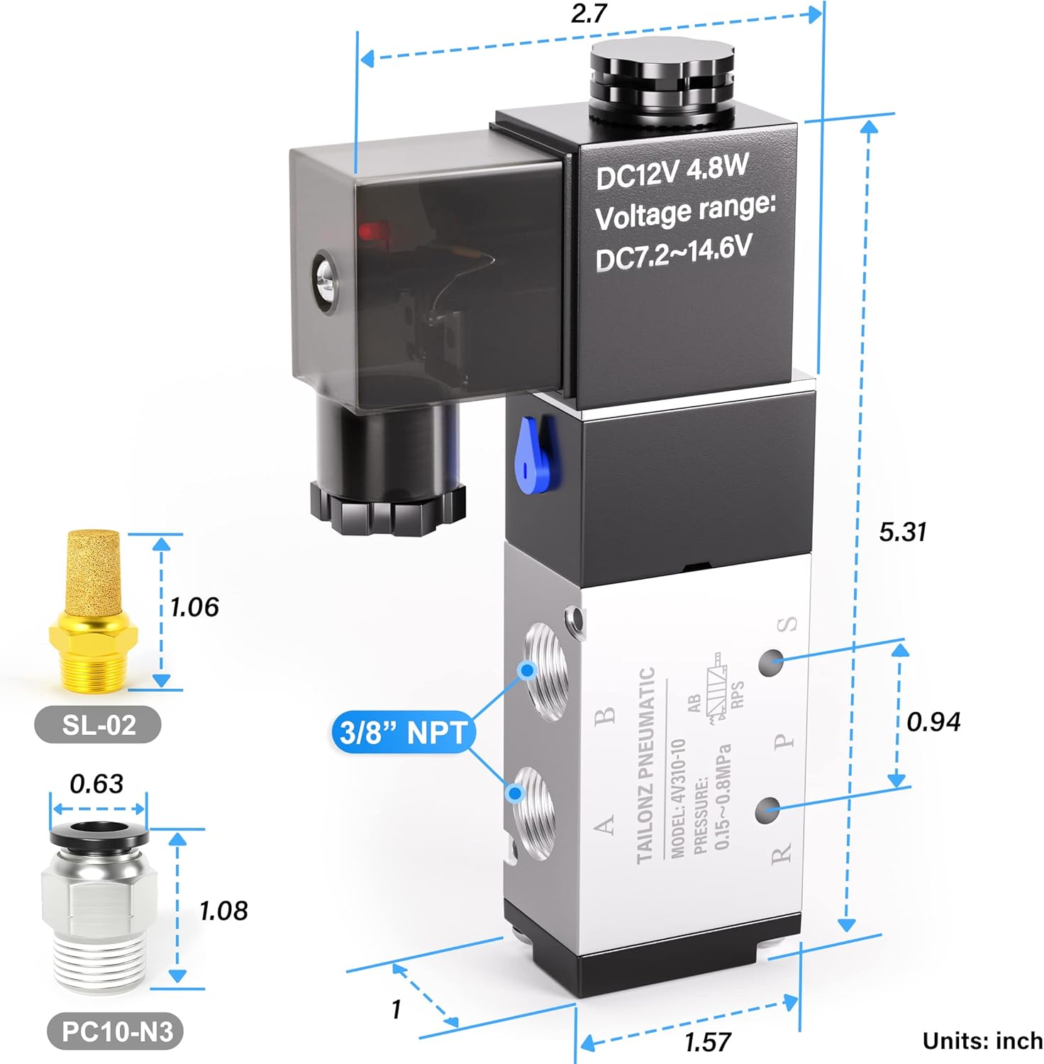 TAILONZ PNEUMATIC 3/8"NPT Solenoid Valve 4V310-10 12V/24V/110V/220V Single Coil Pilot-Operated Electric 2 Position 5 Way Connection Type Junction Box