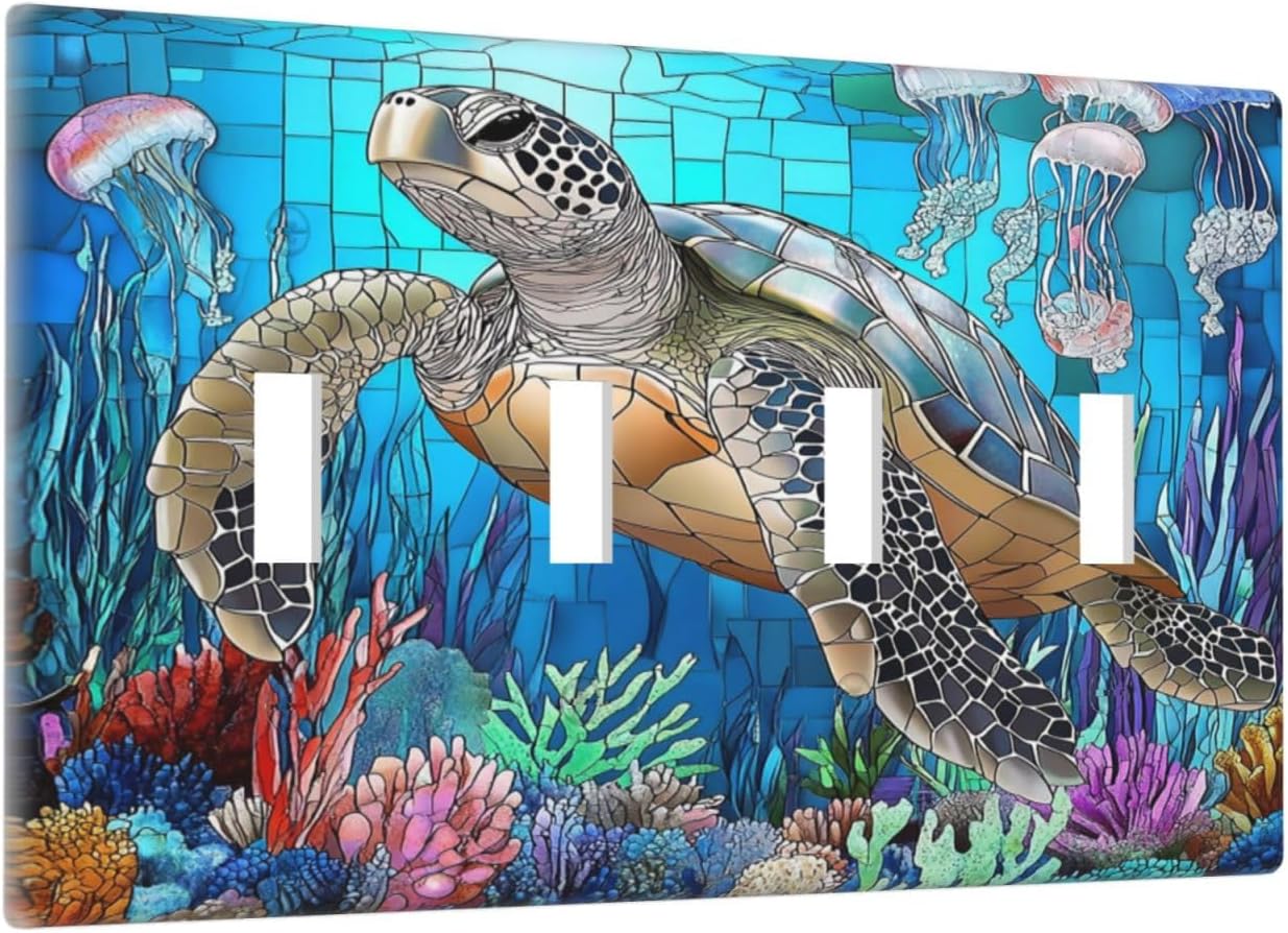 Light Switch Covers Nautical Sea Turtle Coral Jellyfish Quad Toggle Electrical Faceplate 4 Gang Wall Plate Decorative Switch Plates For Kids Room Nursery Decor