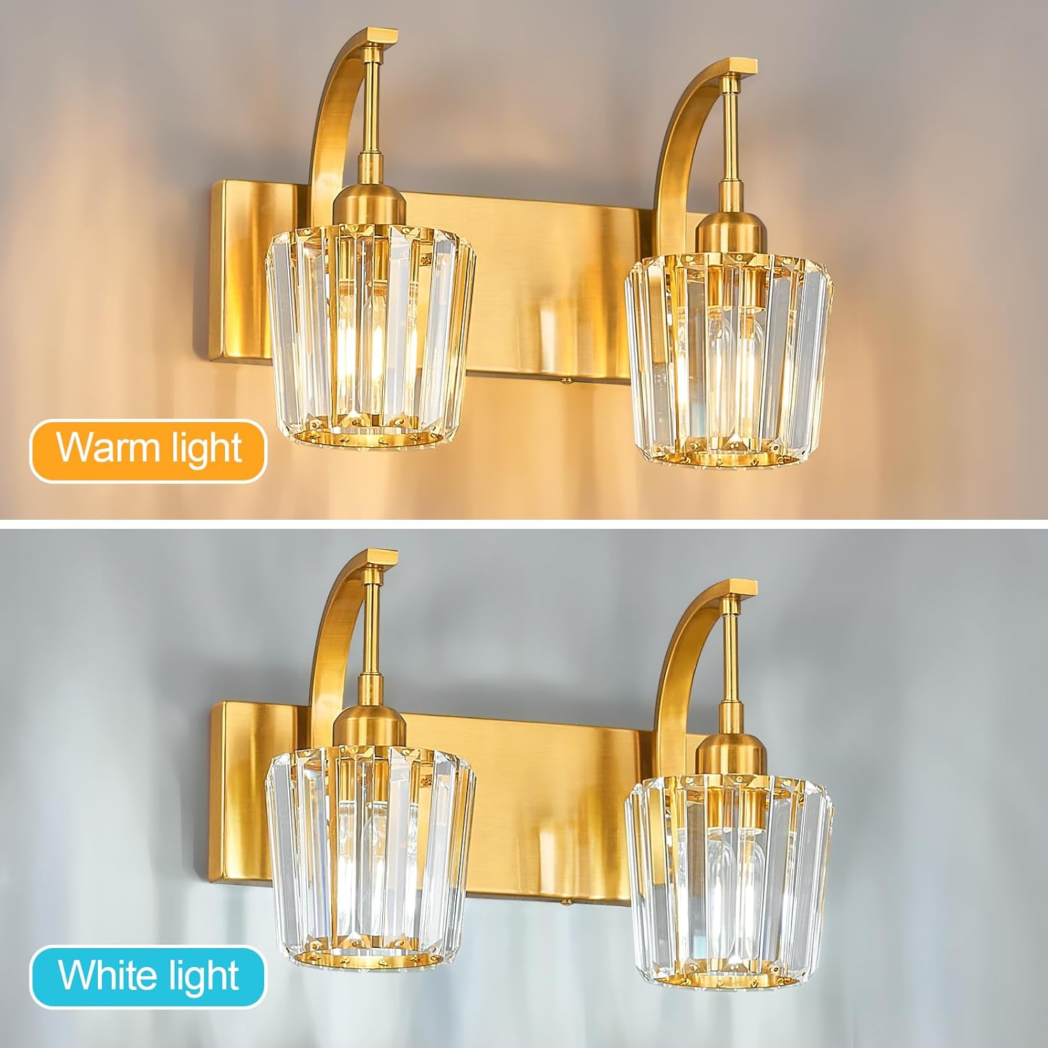 Modern Bathroom Vanity Light, 2-Light Gold Wall Sconce with Crystal Accents, Over Mirror Bathroom Lighting Fixture, 13.77" Long Dimmable Vanity Lamp for Makeup, Easy Installation