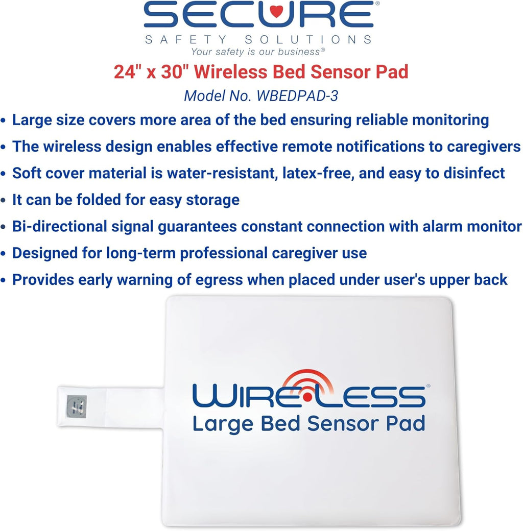 Secure Large Bed Alarm for Elderly Adults - Wireless Sensor Pad (24"x30") & Monitor with Protective Holder - Smart and Reliable Fall Prevention for Seniors and Dementia Patients