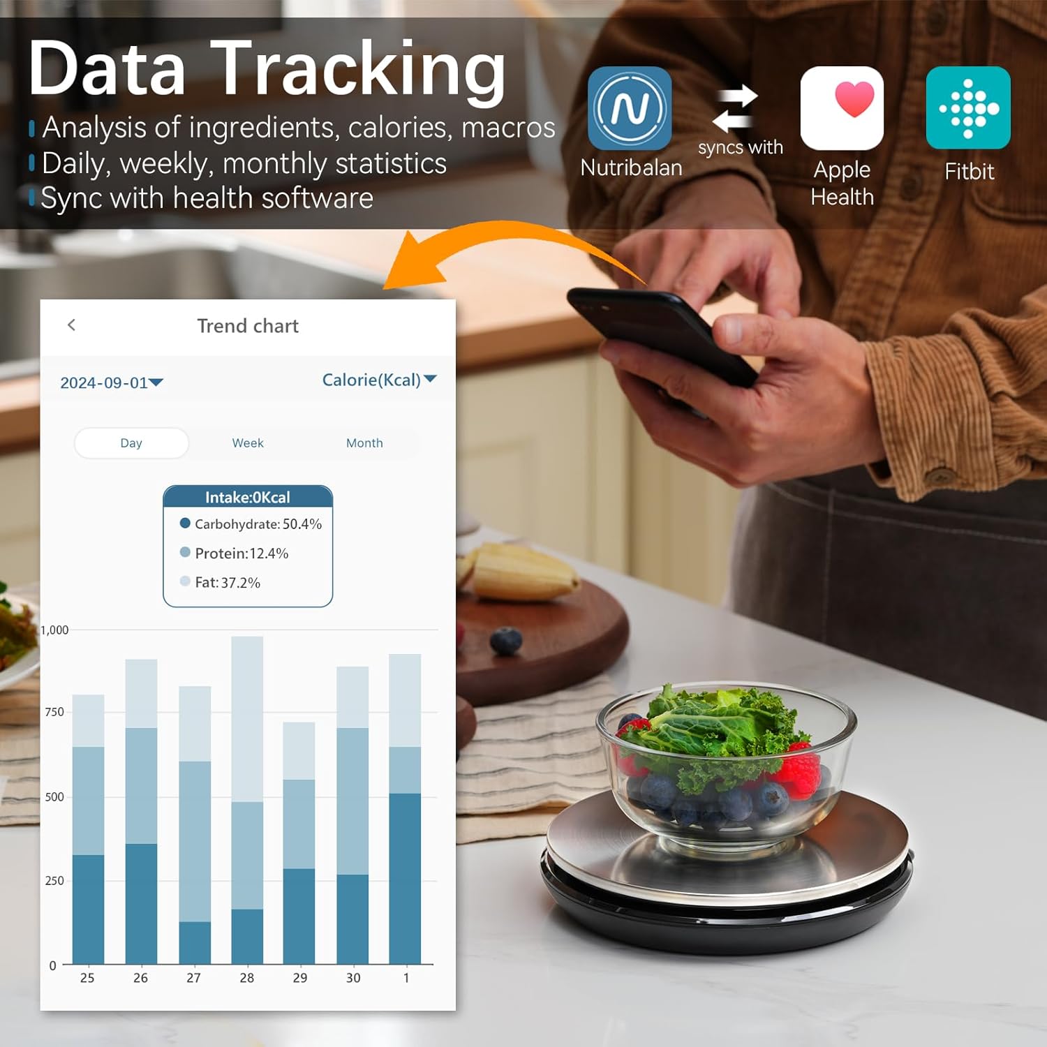 Atogou Smart Nutritional Scale, 0.005oz / 0.1g High Precision, Free APP with Nutrients Tracking, Calorie, Marco, Ounces and Grams, for Kitchen, Weight Loss, Meal Prep, etc. Black & Grey