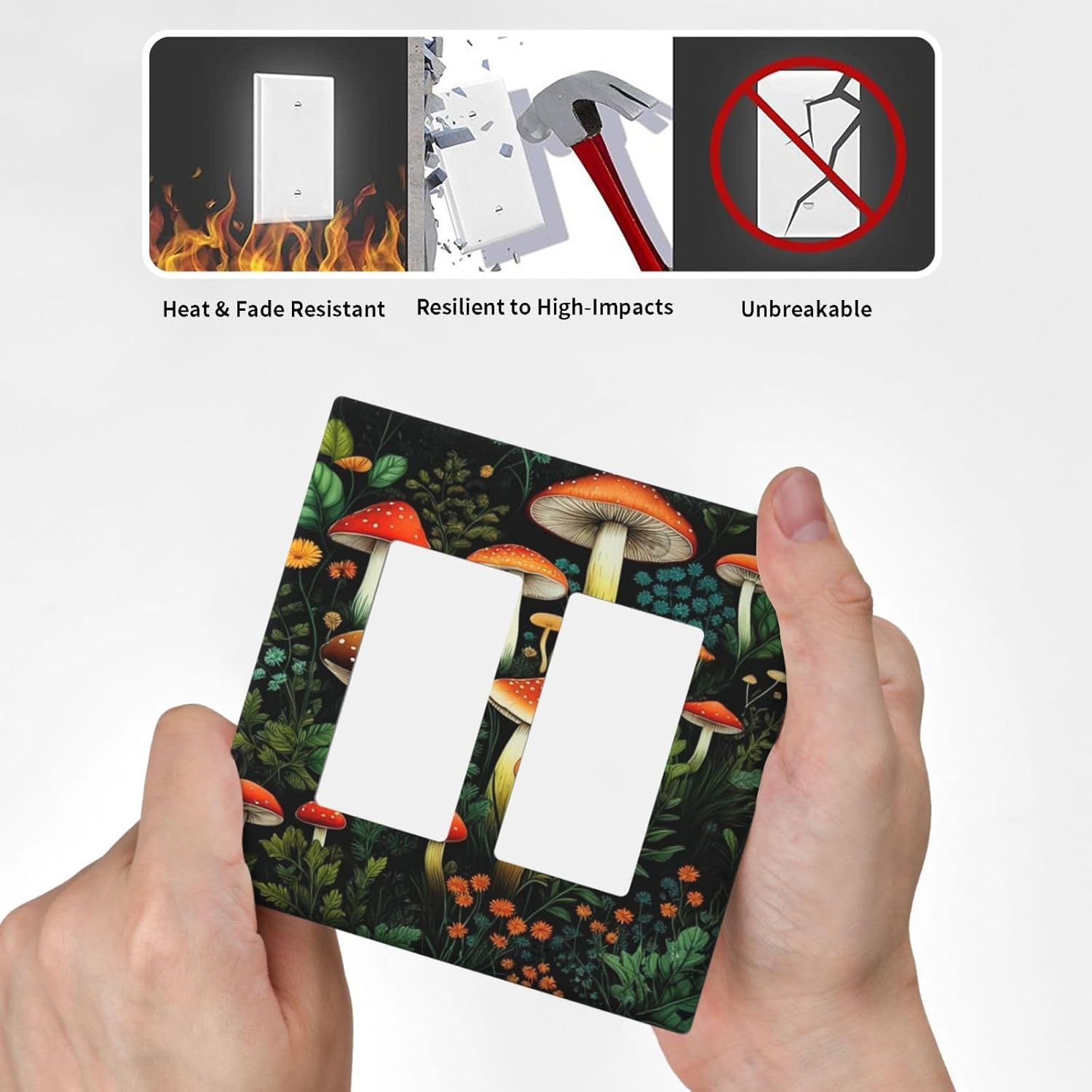 Decorative Outlet Covers Boho Red Mushroom Green Leaf Plants Floral 2 Gang Wall Plate Double Rocker Switch Light Switch Plate Covers Jumbo Dual Electrical GFCI Switch Cover Plate