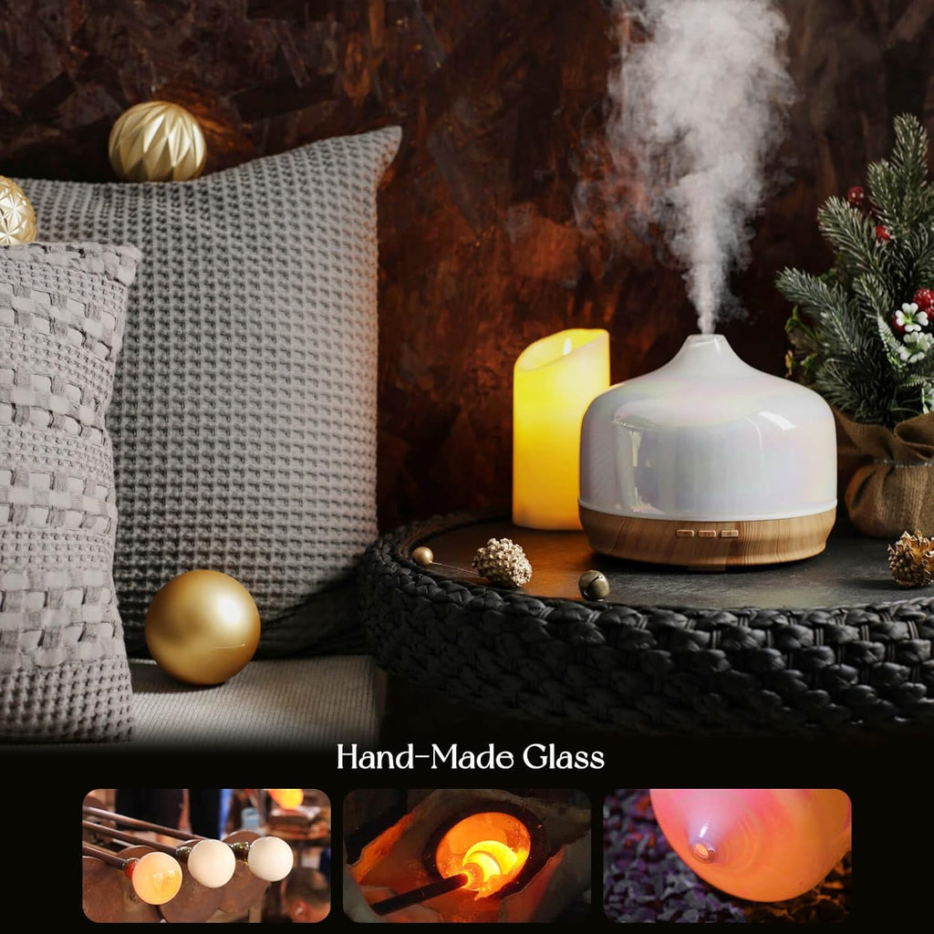 Porseme 500ml Glass Essential Oil Diffuser Aromatherapy Ultrasonic Cool Mist Humidifier 15-21 Running Hours Waterless Auto-Off Air Diffusers for Sleeping Yoga Office Working Spa and Rest (White Jade)