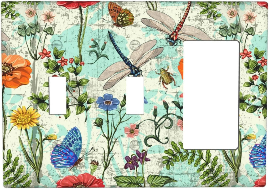Dragonflies Flowers Butterfly 3 Gang Toggle Toggle Rocker Outlet Light Switch Cover Decorative Wall Plate Cover For Home Living Bedroom Kitchen Decorative