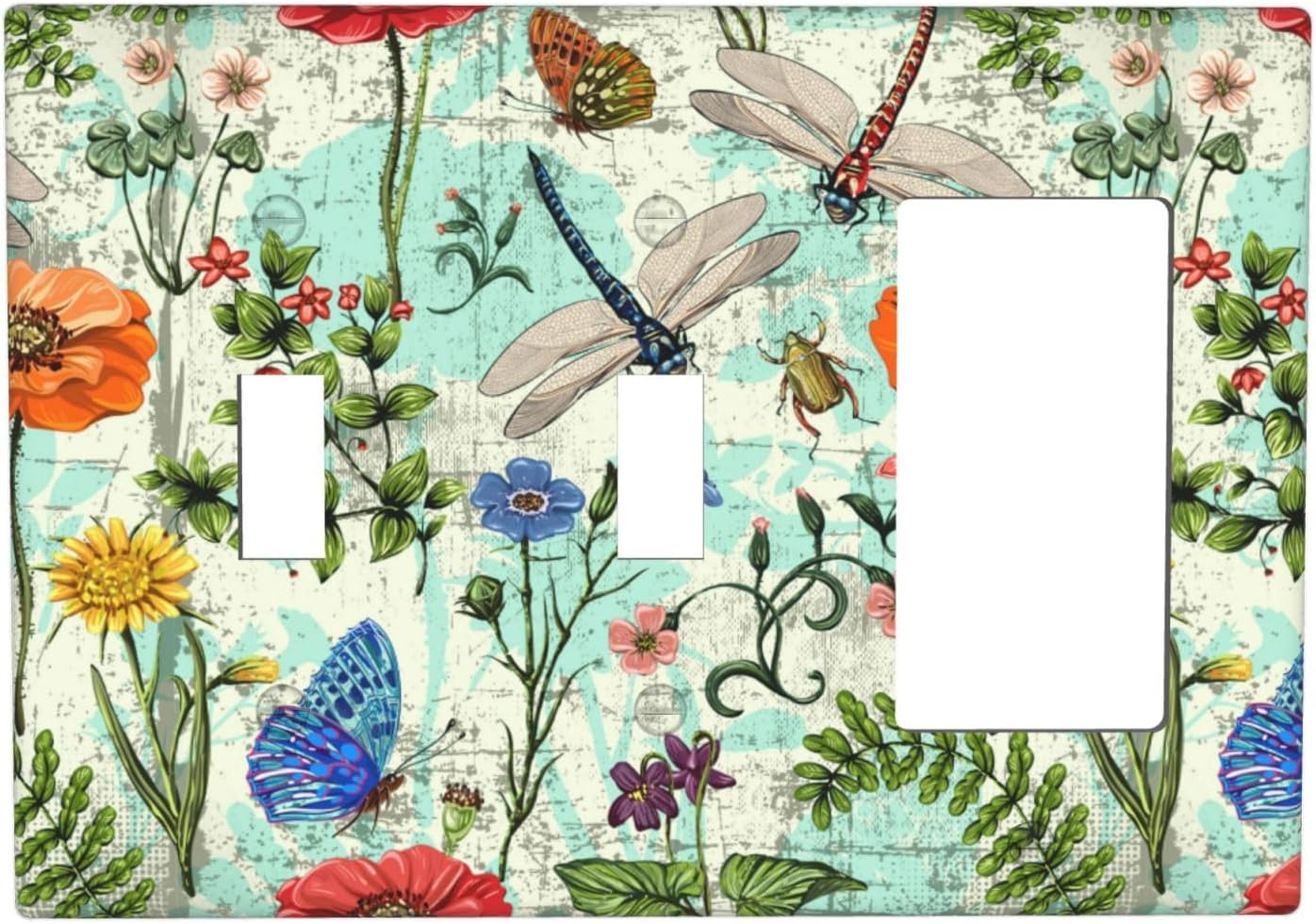 Dragonflies Flowers Butterfly 3 Gang Toggle Toggle Rocker Outlet Light Switch Cover Decorative Wall Plate Cover For Home Living Bedroom Kitchen Decorative