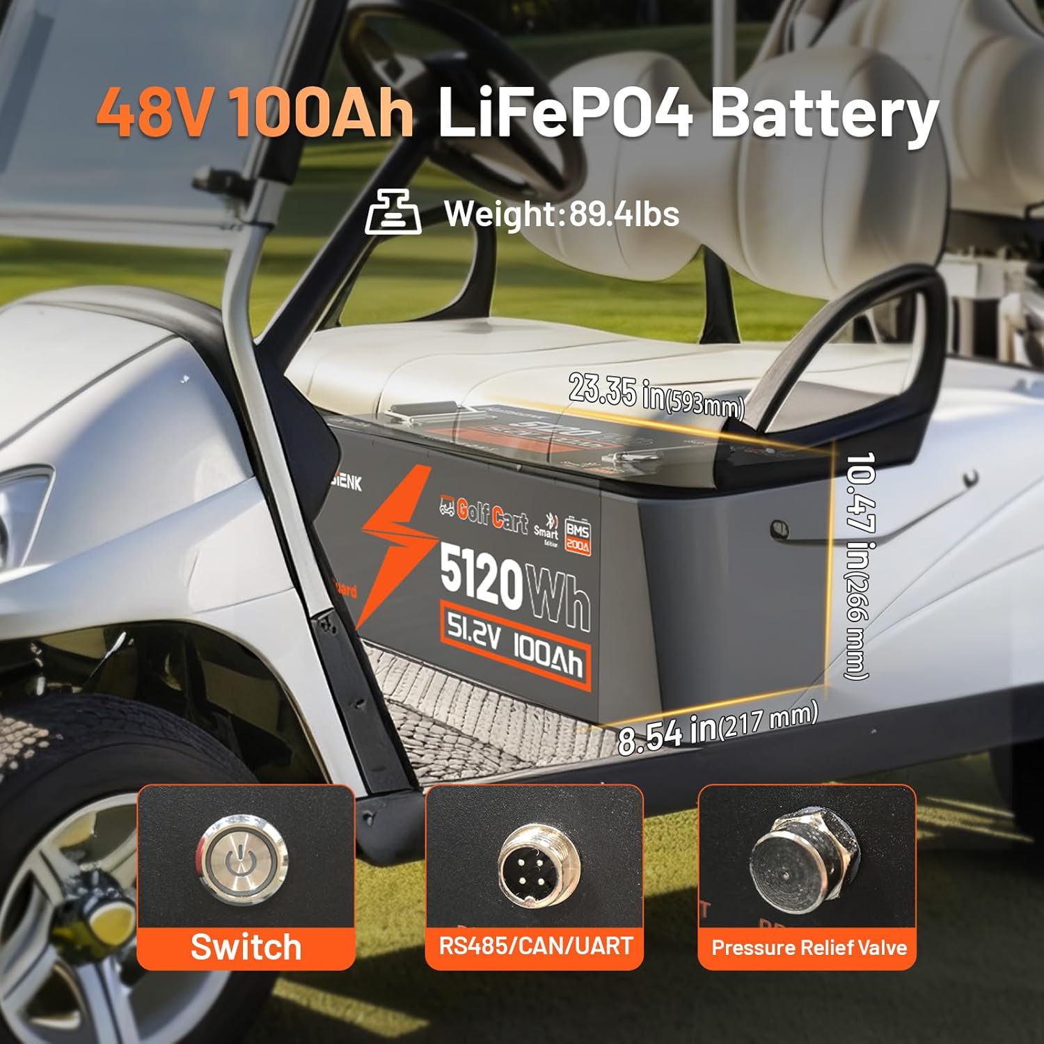 48V 100Ah Golf Cart Battery with Cylindrical Cell & Metal Casing, LiFePO4 Lithium Battery with Bluetooth APP & LCD Monitor, 15000+ Cycles, 200A BMS with Low-Temp Protection for Golf Carts