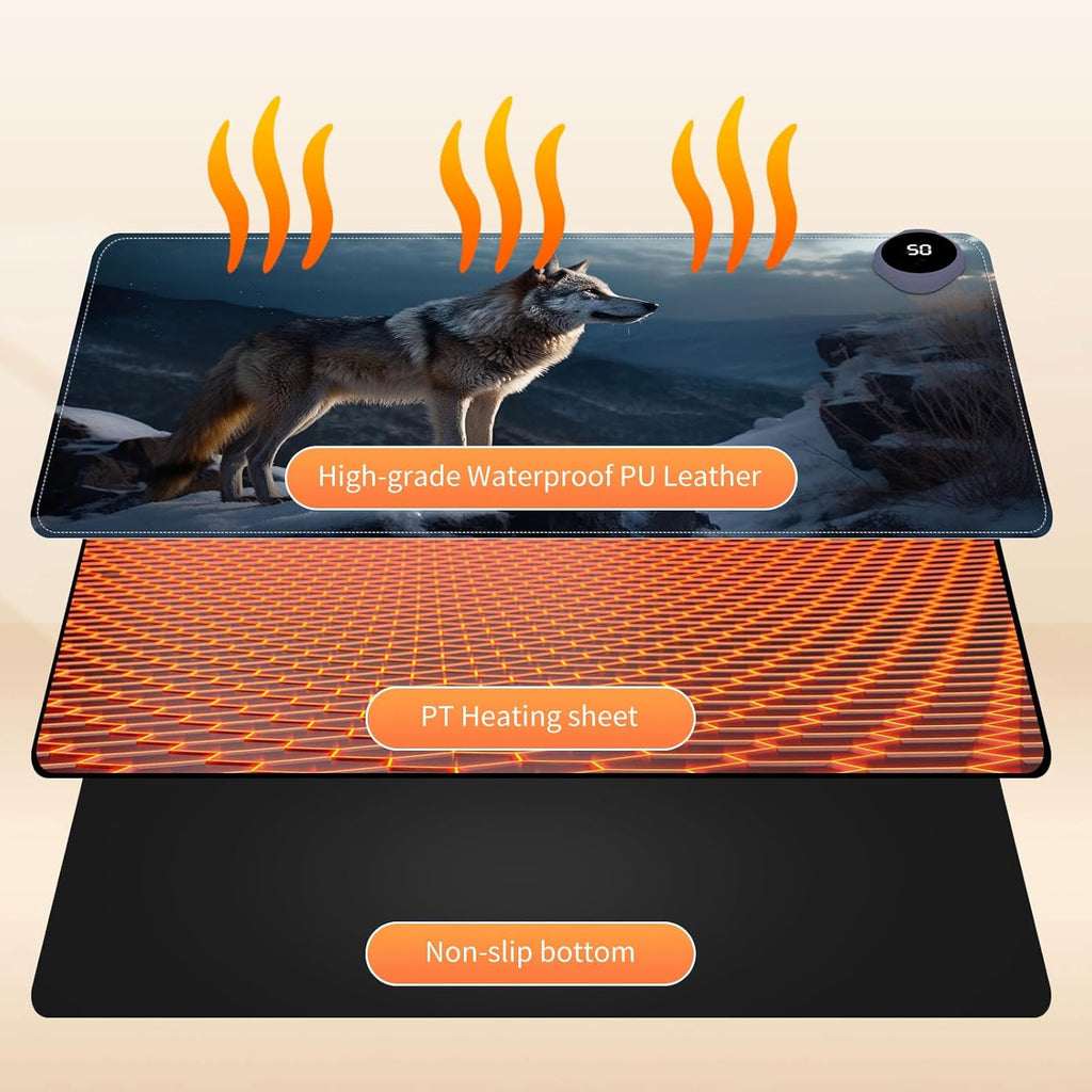 Small Heated Desk Pad 23.6" x 14.2" – Compact Electric Mouse Pad with 3 Heating Levels, Auto Shut-Off, Waterproof PU Surface, Plug-in Warmer for Office or Home Use, Lone Wolf