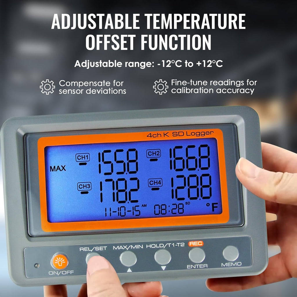 Digital 4 Channel K Type Thermocouple Thermometer Recorder with 8G SD Card Programmable Temperature Data Logger with Alarm Function Thermocouple Reader K Type Thermometer with 2 Thermocouples Probe