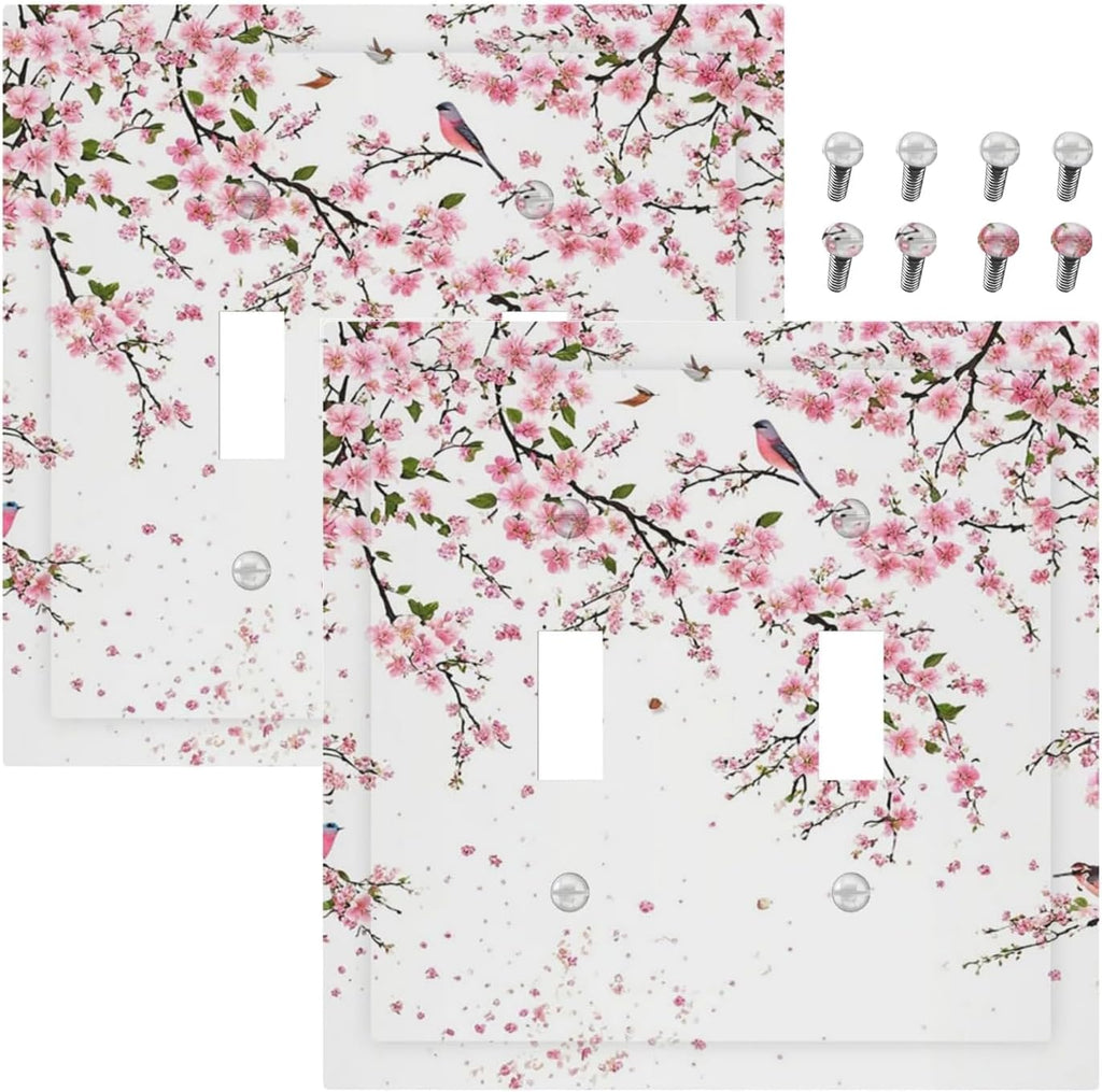 Decorative Light Switch Plate Covers Rustic Plum Blossom Pink Flowers 2 Gang Light Switch Cover Unique Double Toggle Wall Plate Outlet Covers for Bedroom Home Decor（2 Pack）