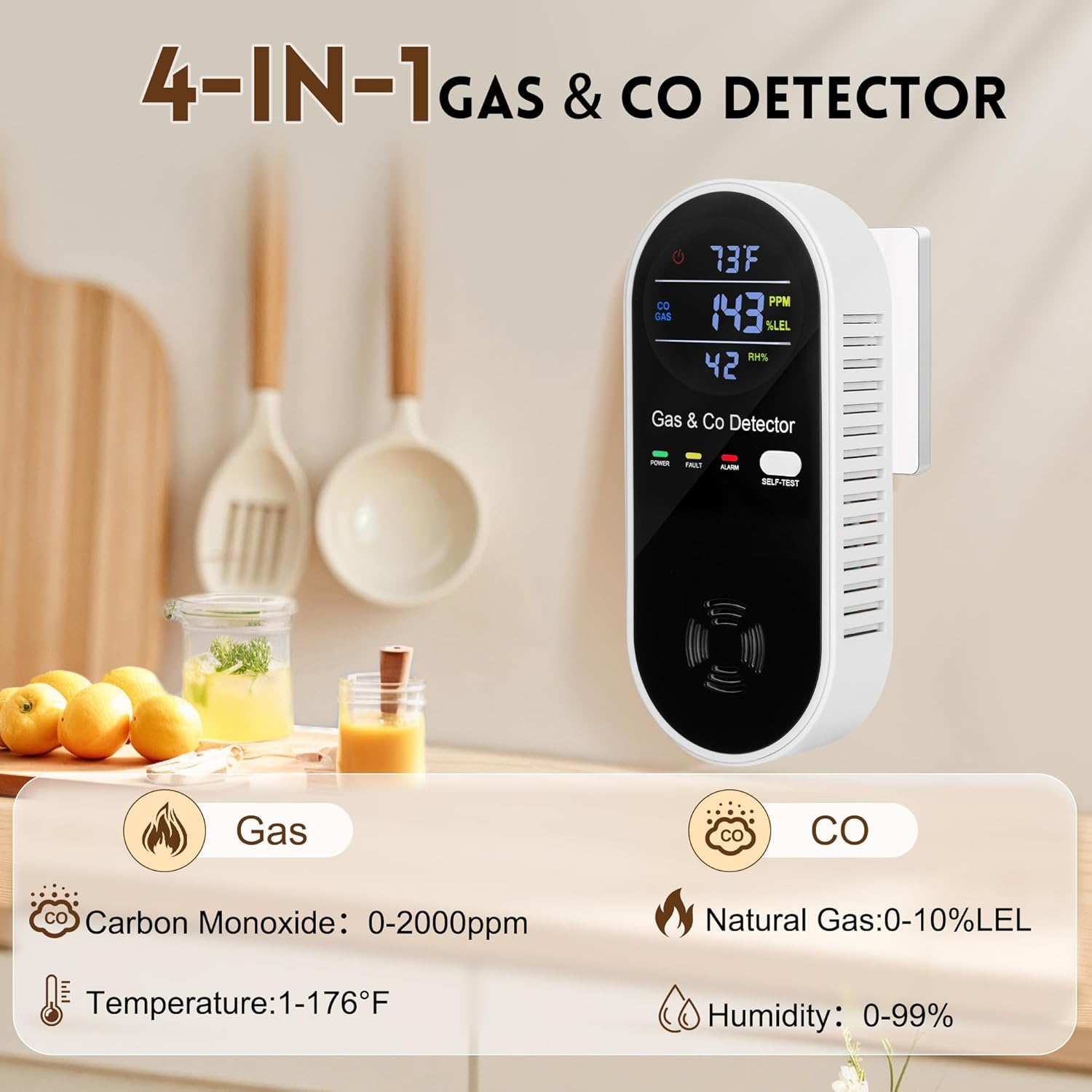 4 Packs Carbon Monoxide Detectors Plug in, 4-in-1 Natural Gas Leak Detector & Carbon Monoxide Detectors with Temperature & Humidity, Natural Gas Detectors for Home/Apartment/RV