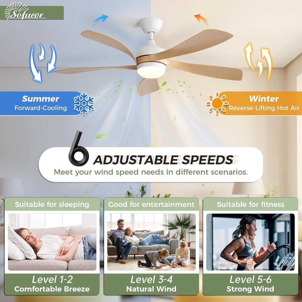 Sofucor 52 Inch Ceiling Fans with Lights and Remote, Outdoor Ceiling Fan with Light 6-Speed 3 CCT 3-Timer, Modern Low Profile Ceiling Fan 5 Blade Reversible DC Motor for Living Room Bedroom Patio