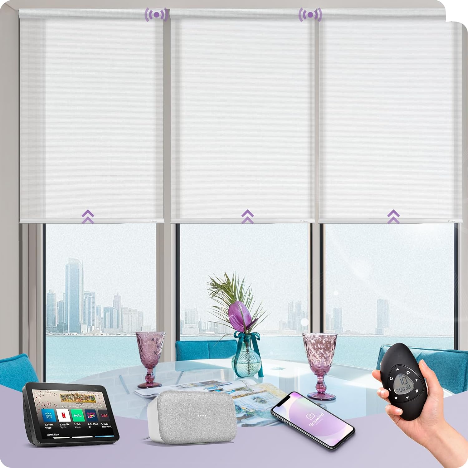 Graywind Motorized Light Filtering Shades Compatible with Alexa Google Rechargeable Remote Control Smart Blinds Automatic Window Shade with Valance for Home Office, Custom Size (Sheer White)