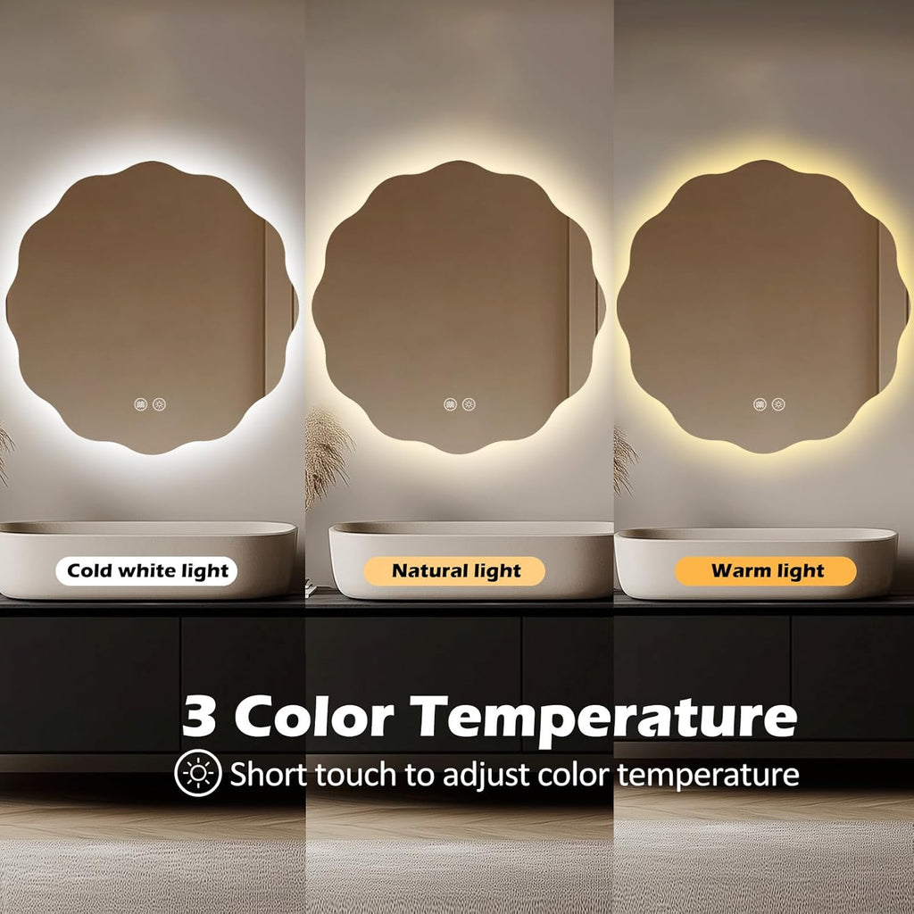 Round LED Bathroom Mirror with Lights 30", Stepless Dimmable Circle LED Mirror with 3 Colors, Anti-Fog, Memory, Frameless Smart Vanity Mirror