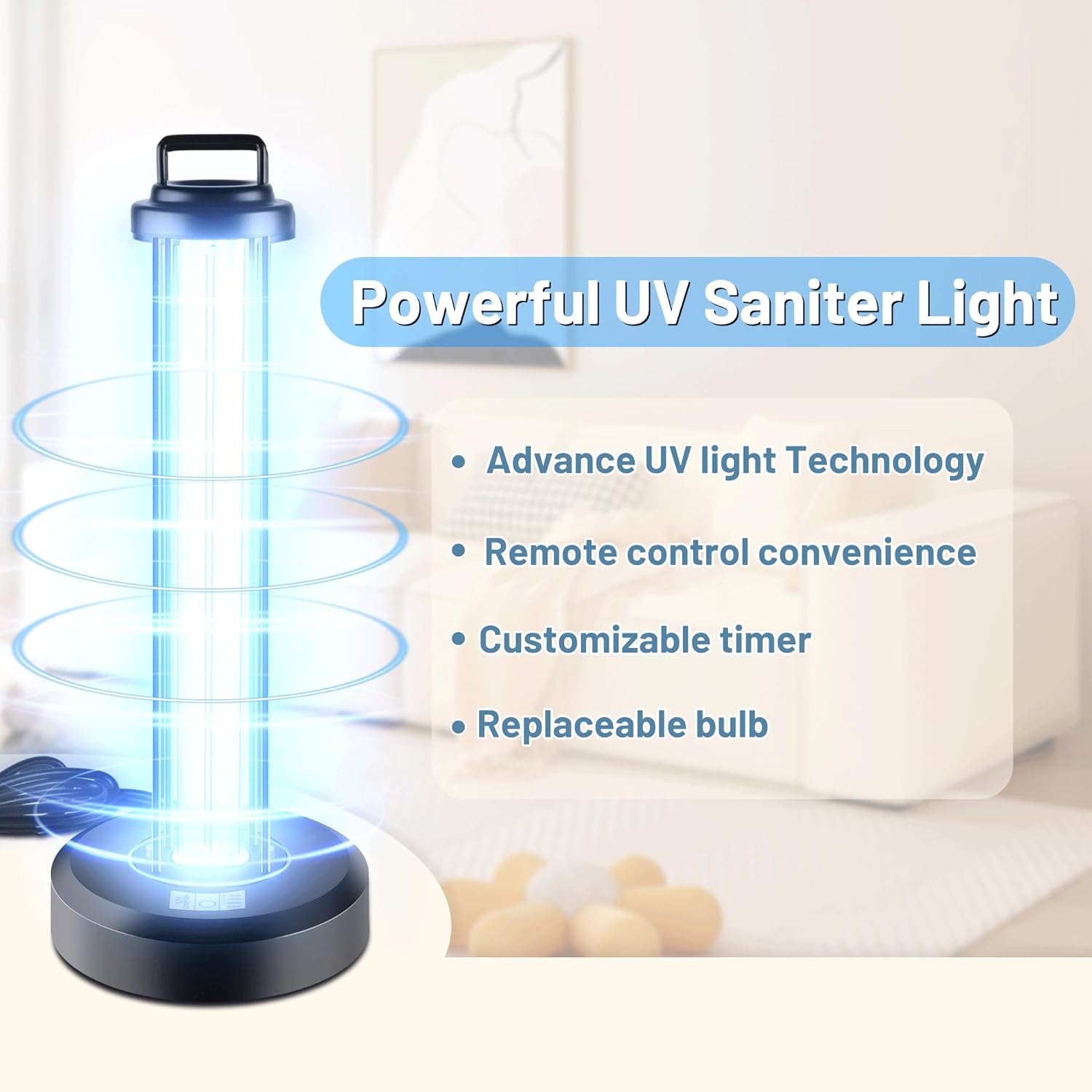 38W UV Sanitizer Light, Portable Ultraviolet Light with 3-Gear Timer, 110V, 99.99% UVC O-Zone Lamp for Home, Office, Hotel, School and Large Spaces