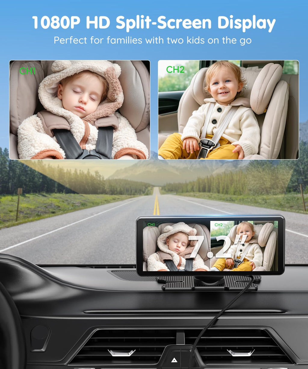 Babyvue BV3PRO 7.2" Dual Car Camera Baby Monitor, 1080P HD Split Screen, IR Night Vision, Double Car Camera for 2 Baby, Easy Setup for Carseat, Perfect for Family Travel, Pet Friendly