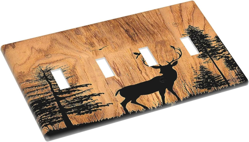 Light Switch Covers Rustic Farmhouse Orange Brown Pine Tree Deer Wood Grain Quad Toggle Electrical Faceplate 4 Gang Wall Plate Decorative Switch Plates for living Room Cabin Decor